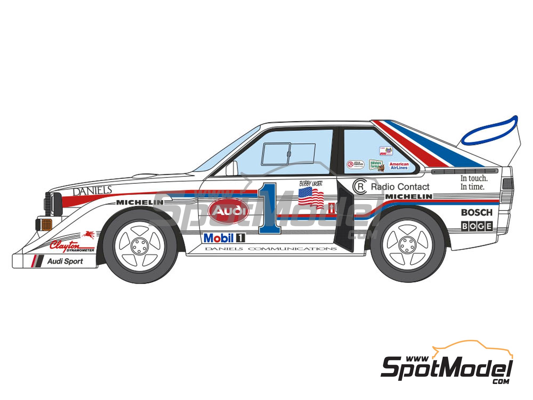 Image 2: Audi Quattro Sport S1 E2 sponsored by Daniels Communications - Pikes Peak Climb Hill Race 1986 | Marking / livery in 1/24 scale manufactured by Decalcas (ref.&nbsp;DCL-DEC020)