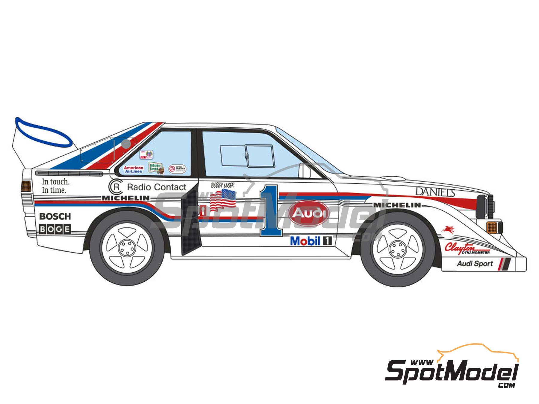 Image 3: Audi Quattro Sport S1 E2 sponsored by Daniels Communications - Pikes Peak Climb Hill Race 1986 | Marking / livery in 1/24 scale manufactured by Decalcas (ref.&nbsp;DCL-DEC020)
