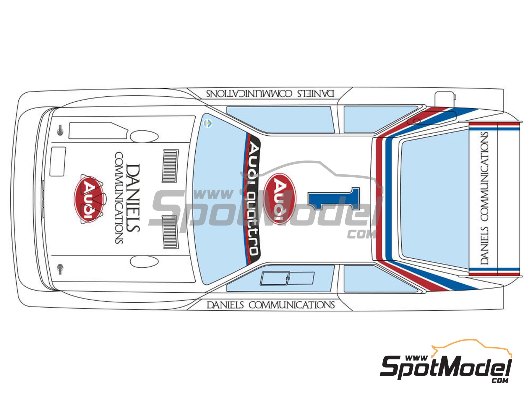 Image 4: Audi Quattro Sport S1 E2 sponsored by Daniels Communications - Pikes Peak Climb Hill Race 1986 | Marking / livery in 1/24 scale manufactured by Decalcas (ref.&nbsp;DCL-DEC020)
