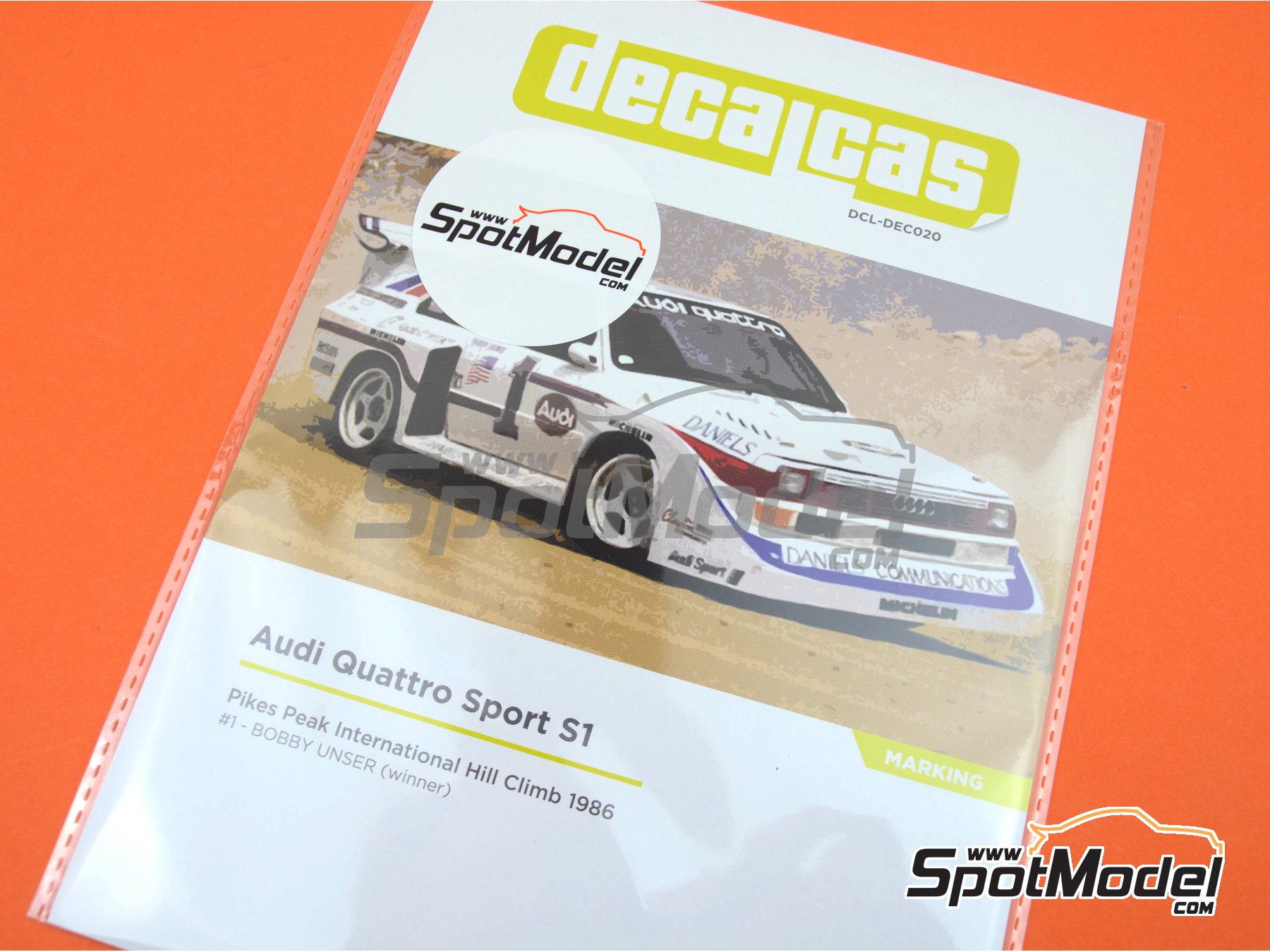 Image 6: Audi Quattro Sport S1 E2 sponsored by Daniels Communications - Pikes Peak Climb Hill Race 1986 | Marking / livery in 1/24 scale manufactured by Decalcas (ref.&nbsp;DCL-DEC020)