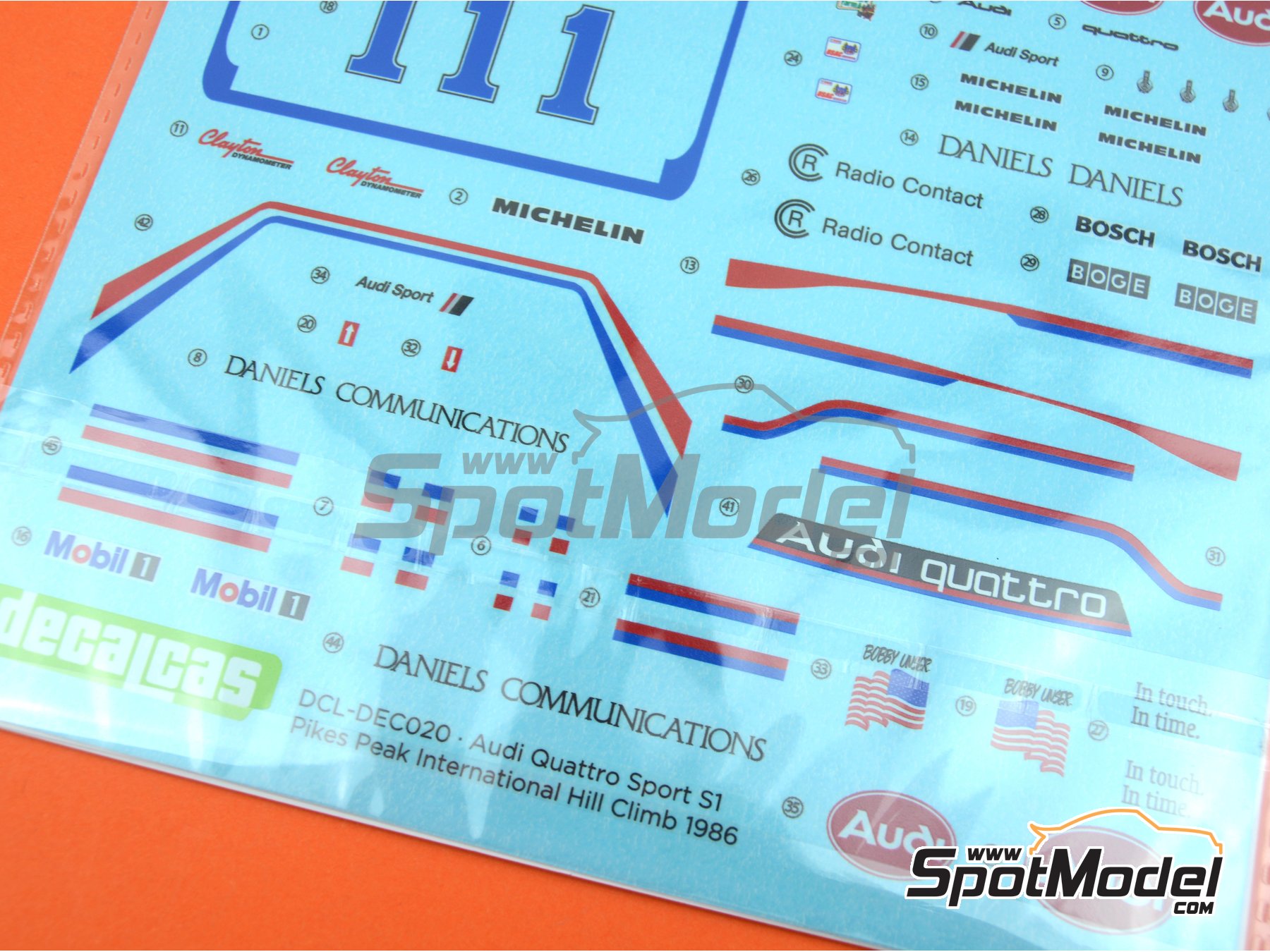 Image 8: Audi Quattro Sport S1 E2 sponsored by Daniels Communications - Pikes Peak Climb Hill Race 1986 | Marking / livery in 1/24 scale manufactured by Decalcas (ref.&nbsp;DCL-DEC020)