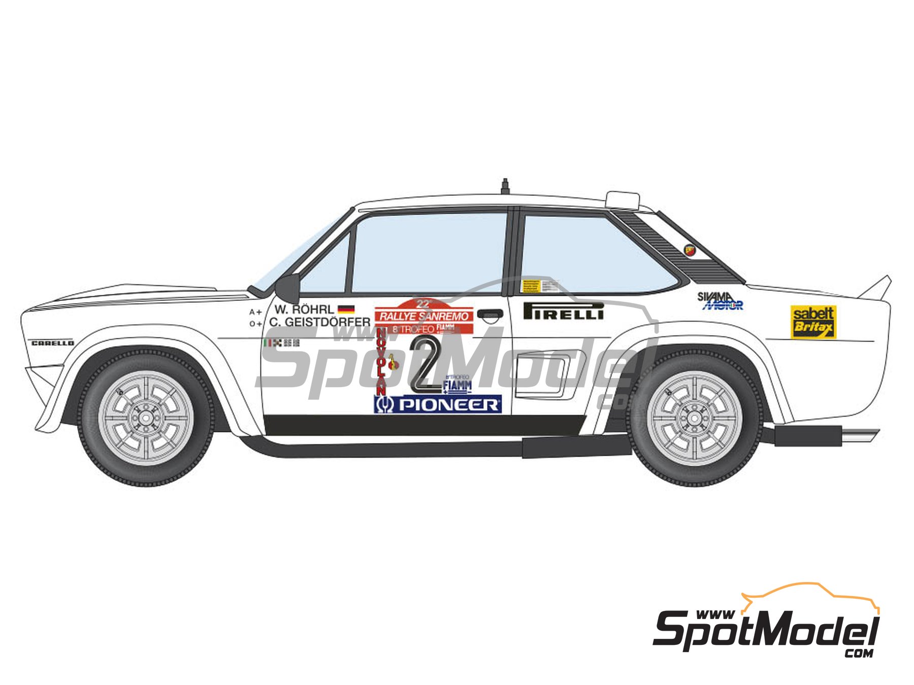 Image 2: Fiat 131 Abarth sponsored by Jolly Club - Sanremo Rally 1980 | Marking / livery in 1/24 scale manufactured by Decalcas (ref.&nbsp;DCL-DEC026)