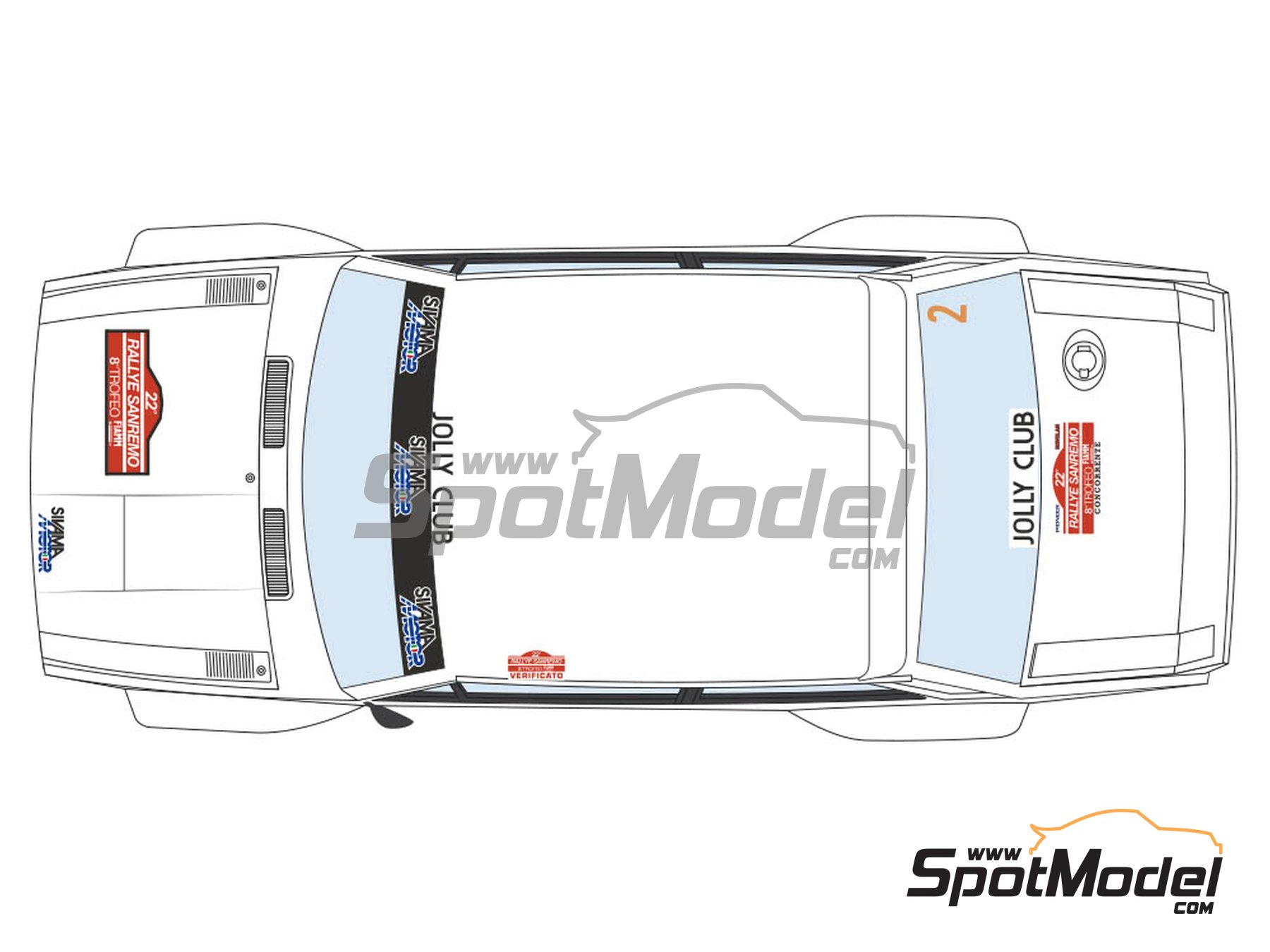 Image 4: Fiat 131 Abarth sponsored by Jolly Club - Sanremo Rally 1980 | Marking / livery in 1/24 scale manufactured by Decalcas (ref.&nbsp;DCL-DEC026)