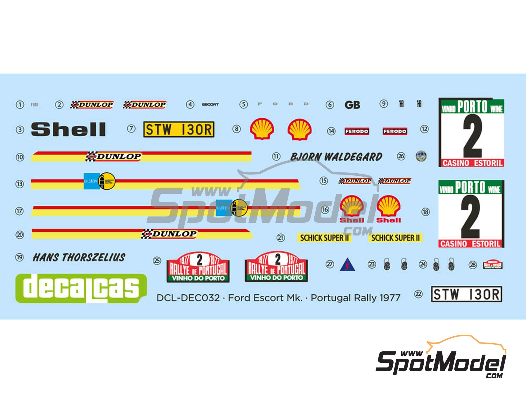 Image 5: Ford Escort Mk. II - Portugal Rally - Vinho do Porto 1977 | Marking / livery in 1/24 scale manufactured by Decalcas (ref.&nbsp;DCL-DEC032)