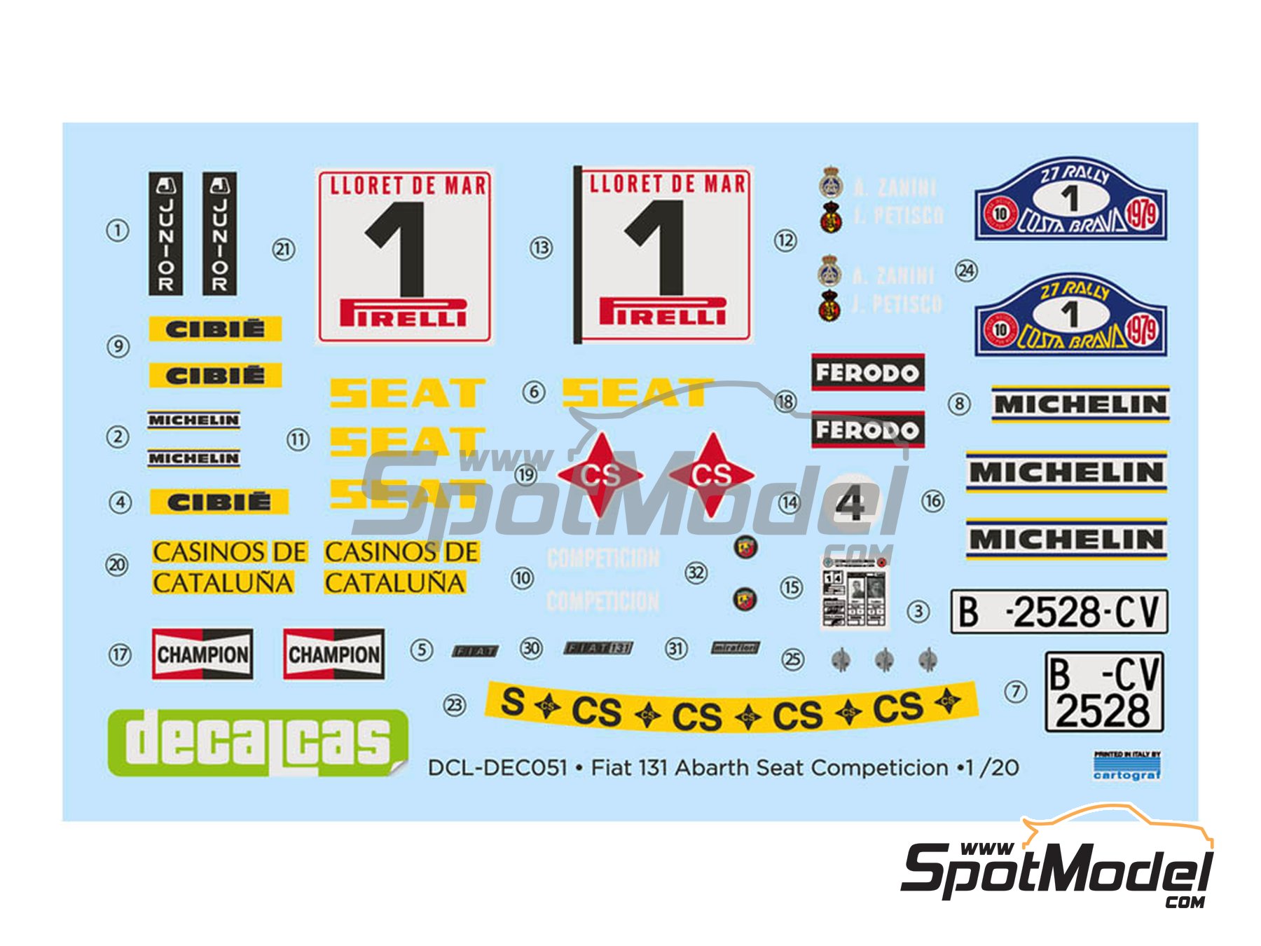 Image 5: Fiat 131 Abarth Rally Seat Competicion Team - Costa Brava Rally 1979 | Marking / livery in 1/20 scale manufactured by Decalcas (ref.&nbsp;DCL-DEC051)