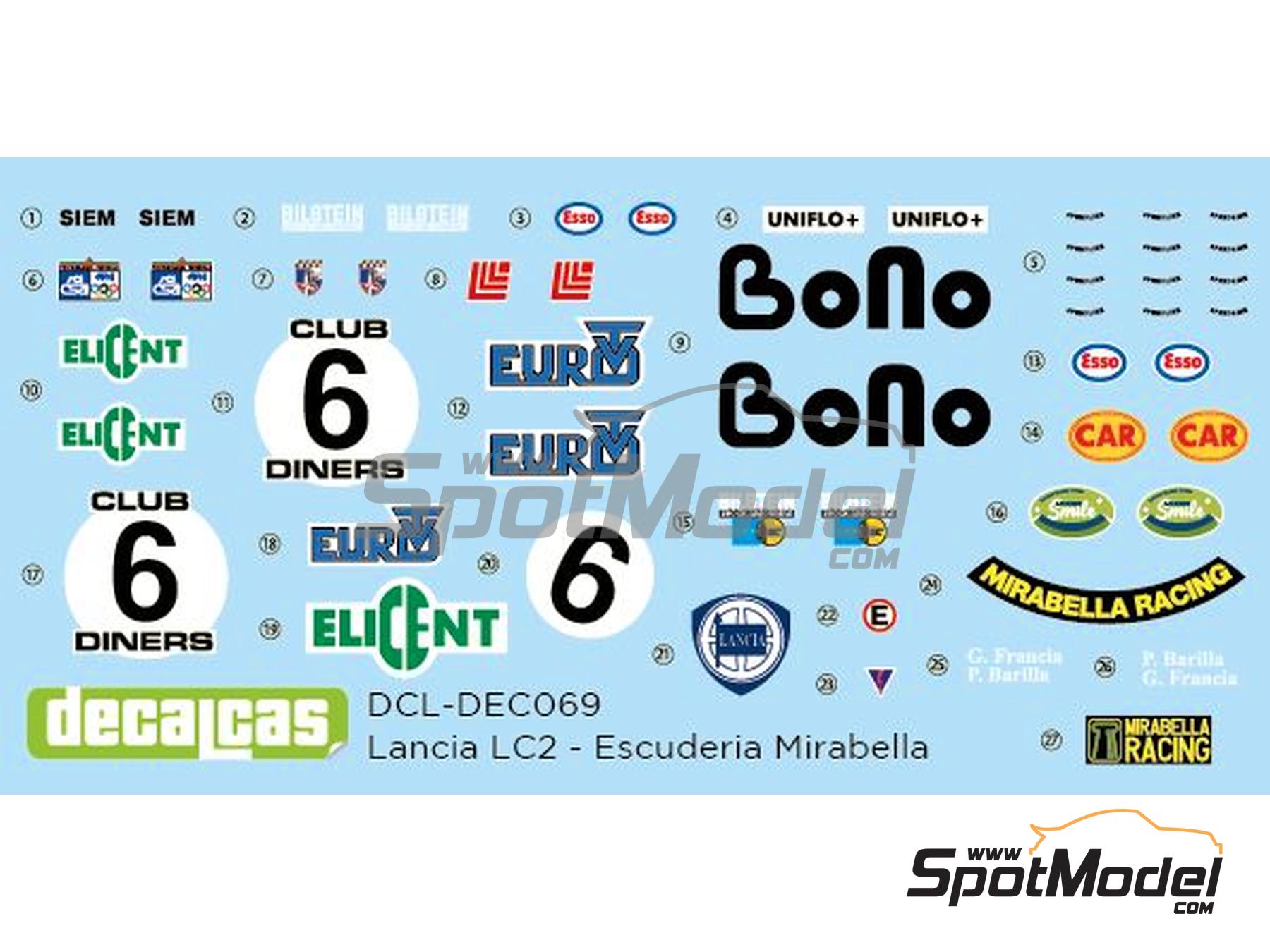 Image 1: Lancia LC2 Euro TV Mirabella Racing Team sponsored by Elicent Euro Bono - SPA Francorchamps 1000 Kms 1983 | Marking / livery in 1/24 scale manufactured by Decalcas (ref. DCL-DEC069)
