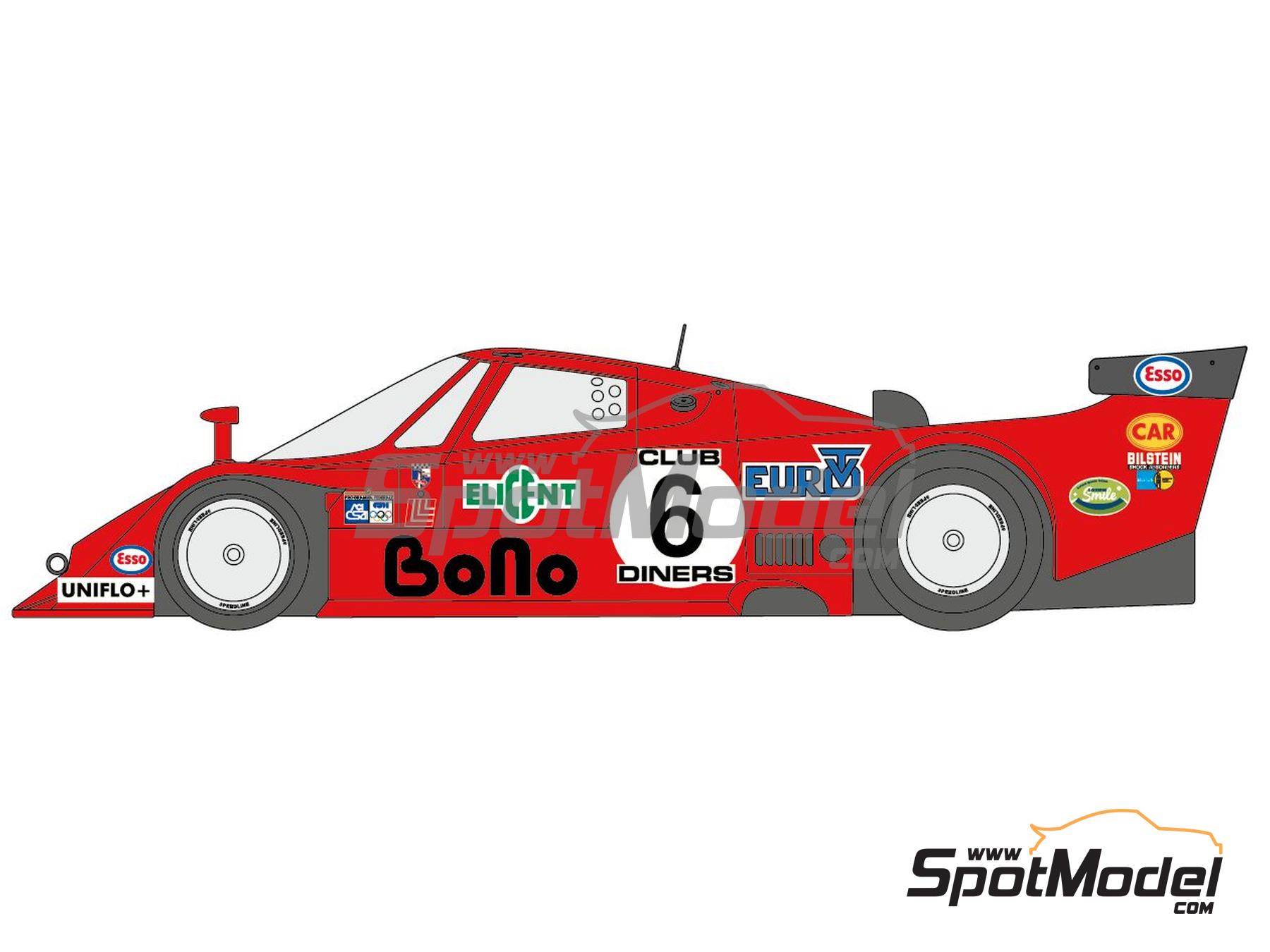 Image 3: Lancia LC2 Euro TV Mirabella Racing Team sponsored by Elicent Euro Bono - SPA Francorchamps 1000 Kms 1983 | Marking / livery in 1/24 scale manufactured by Decalcas (ref. DCL-DEC069)