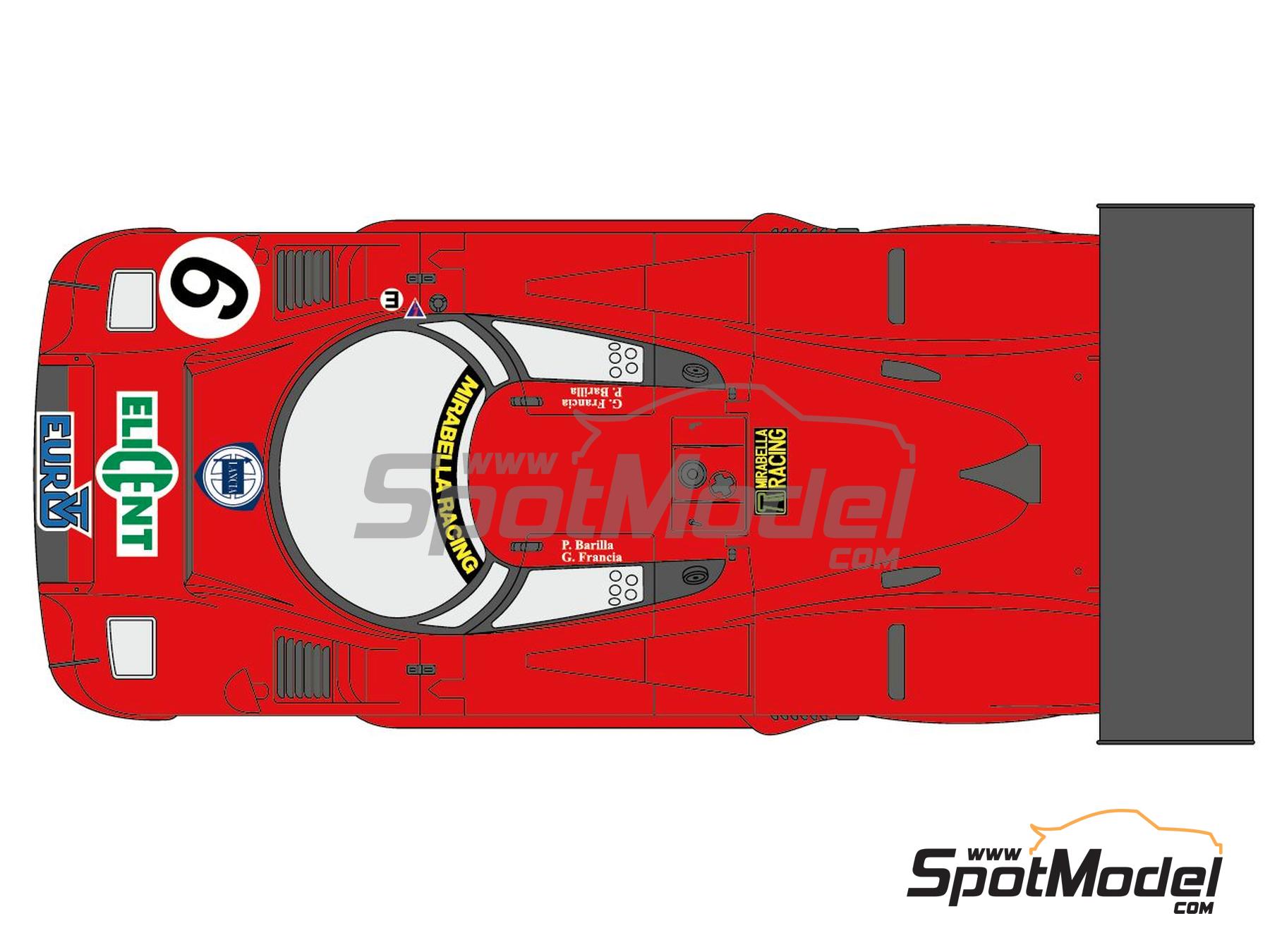 Image 5: Lancia LC2 Euro TV Mirabella Racing Team sponsored by Elicent Euro Bono - SPA Francorchamps 1000 Kms 1983 | Marking / livery in 1/24 scale manufactured by Decalcas (ref. DCL-DEC069)