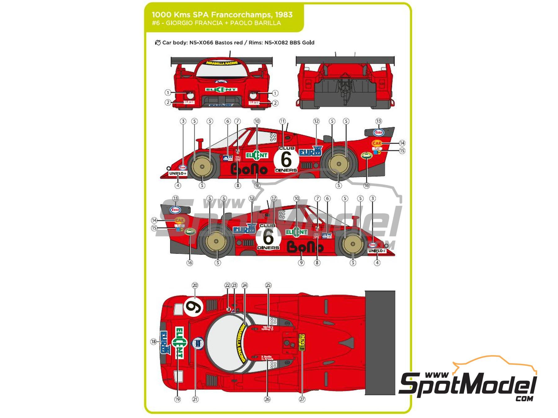 Image 6: Lancia LC2 Euro TV Mirabella Racing Team sponsored by Elicent Euro Bono - SPA Francorchamps 1000 Kms 1983 | Marking / livery in 1/24 scale manufactured by Decalcas (ref. DCL-DEC069)