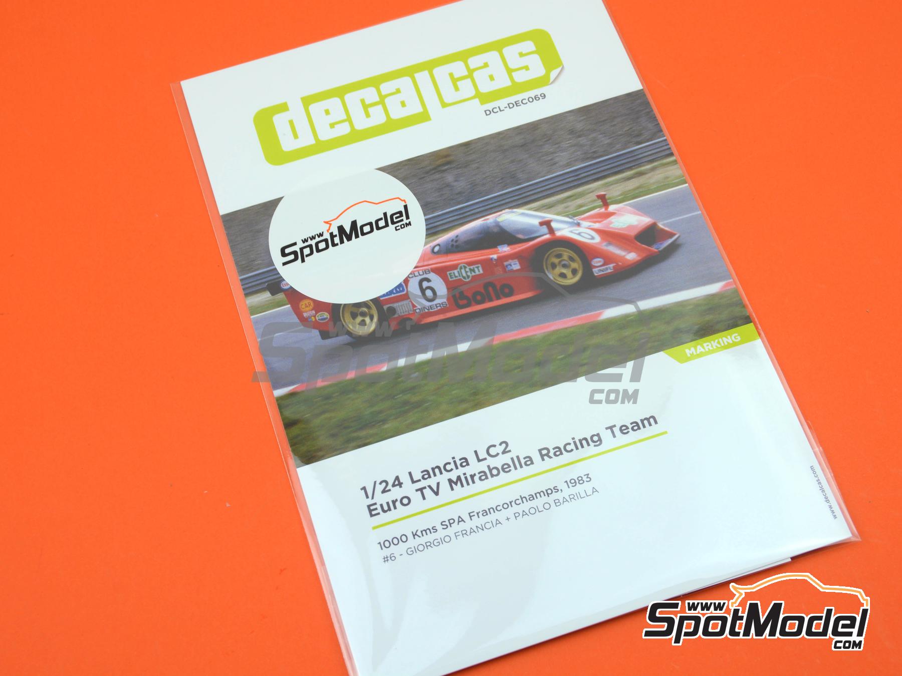 Image 8: Lancia LC2 Euro TV Mirabella Racing Team sponsored by Elicent Euro Bono - SPA Francorchamps 1000 Kms 1983 | Marking / livery in 1/24 scale manufactured by Decalcas (ref. DCL-DEC069)