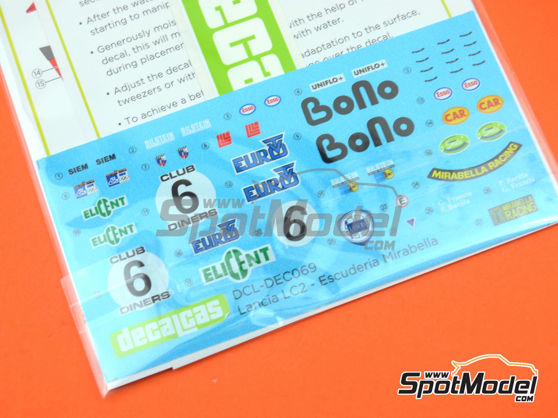 Image 9: Lancia LC2 Euro TV Mirabella Racing Team sponsored by Elicent Euro Bono - SPA Francorchamps 1000 Kms 1983 | Marking / livery in 1/24 scale manufactured by Decalcas (ref. DCL-DEC069)