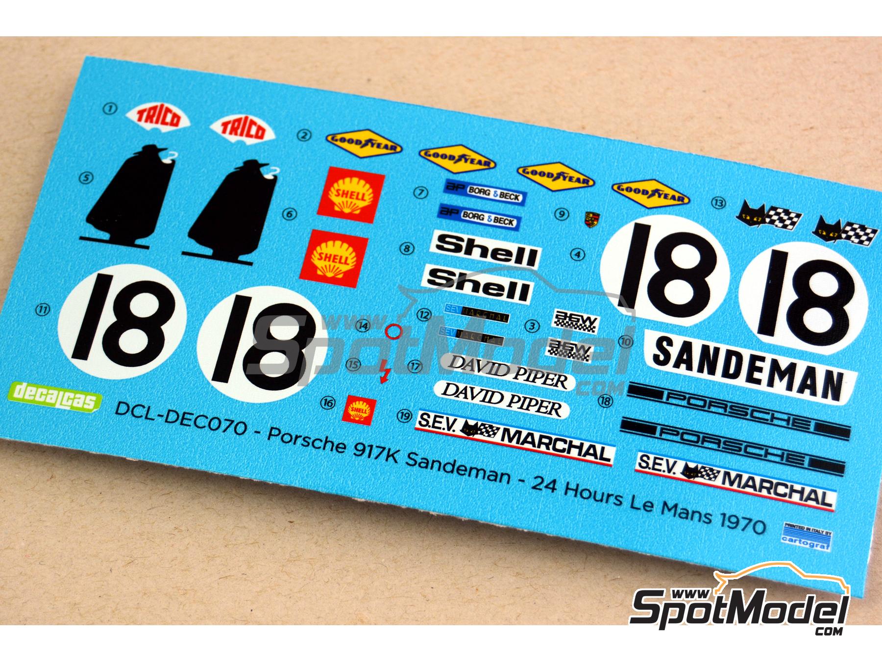 Image 3: Porsche 917K AAW Racing Team sponsored by Sandeman - 24 Hours Le Mans 1970 | Marking / livery in 1/24 scale manufactured by Decalcas (ref. DCL-DEC070)