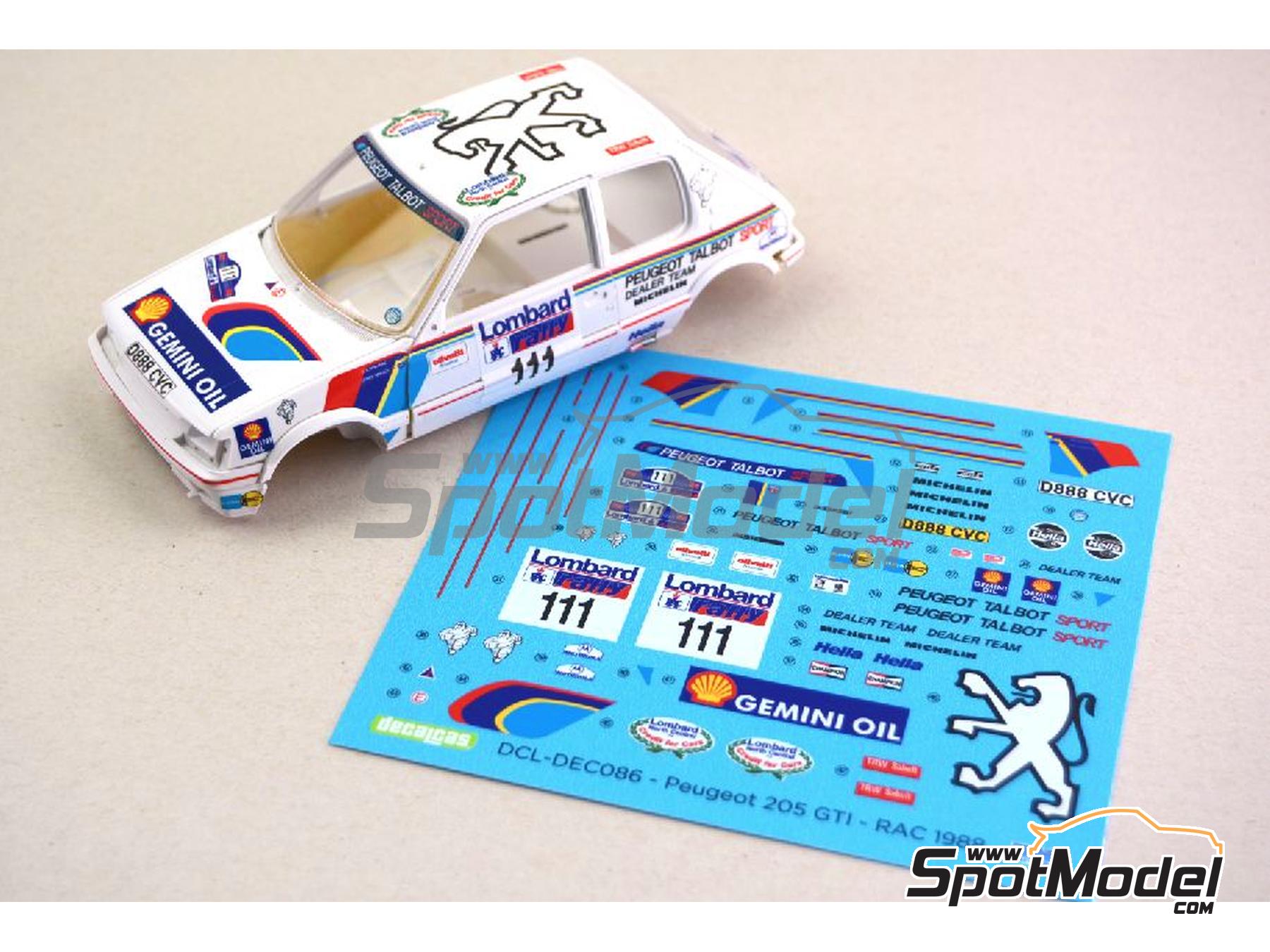 Image 1: Peugeot 205 GTI Grupo A Equipo Peugeot Talbot Sport Dealer patrocinado por Gemini Oil - Rally Lombard RAC 1988 | Decoraci&oacute;n en escala&nbsp;1/24 fabricado por Decalcas (ref.&nbsp;DCL-DEC086)