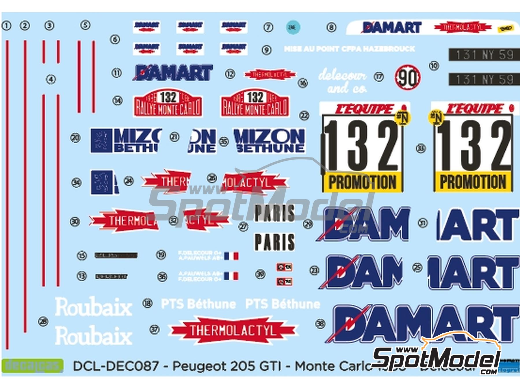 Image 1: Peugeot 205 GTI Group A sponsored by Damart Termolactil - Monte Carlo Rally - Rallye Automobile de Monte-Carlo 1986 | Marking / livery in 1/24 scale manufactured by Decalcas (ref.&nbsp;DCL-DEC087)