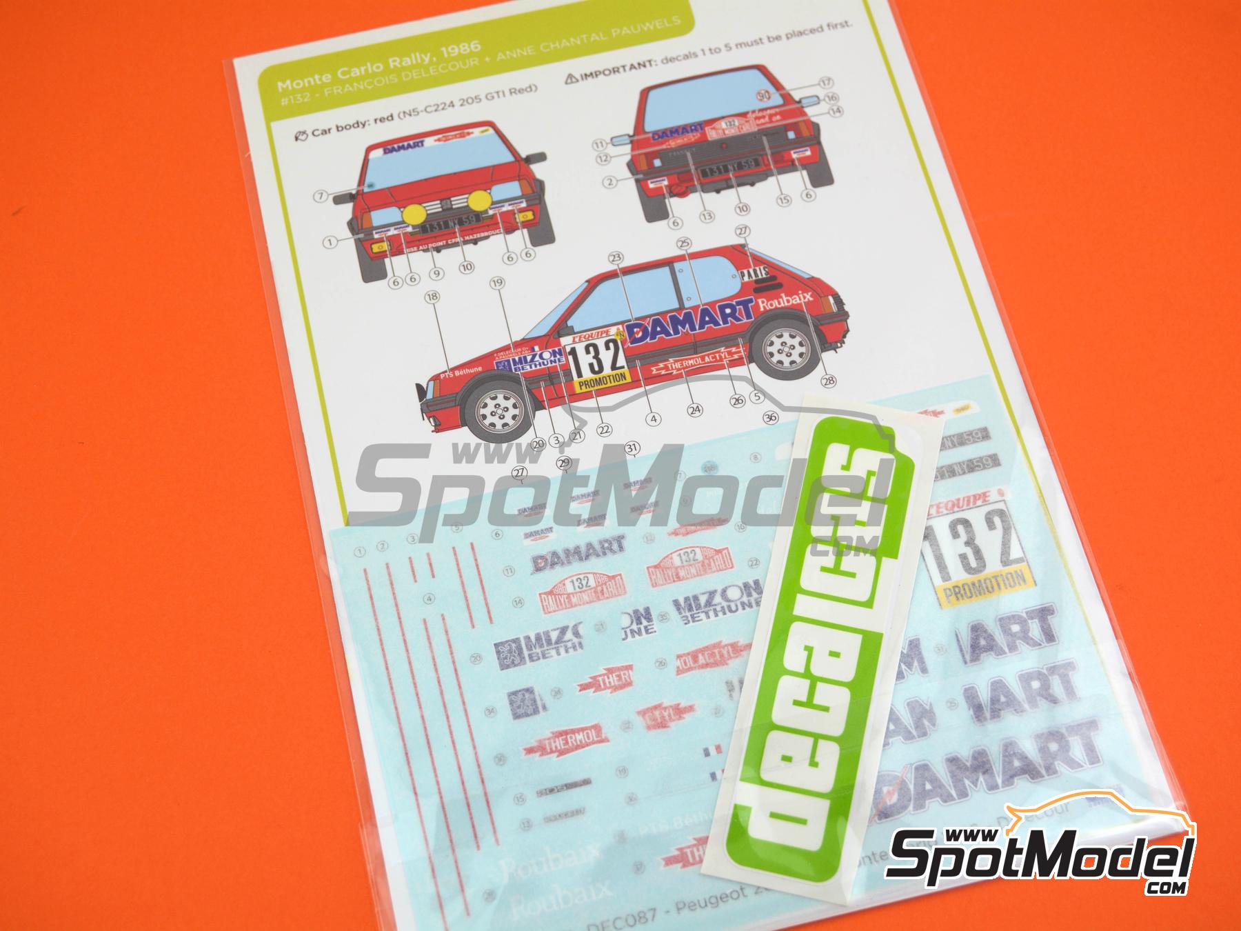 Image 4: Peugeot 205 GTI Group A sponsored by Damart Termolactil - Monte Carlo Rally - Rallye Automobile de Monte-Carlo 1986 | Marking / livery in 1/24 scale manufactured by Decalcas (ref.&nbsp;DCL-DEC087)