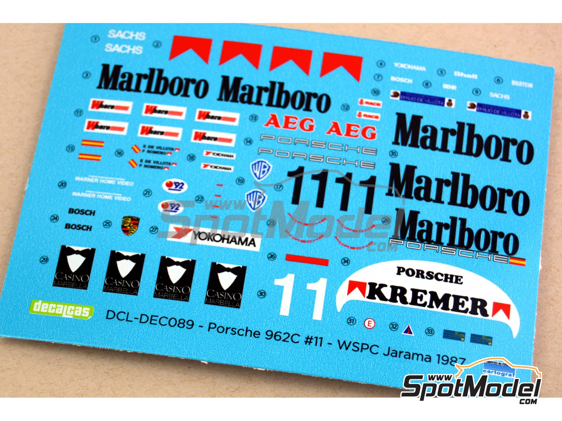 Image 1: Porsche 962C Porsche Kremer Racing Team sponsored by Marlboro - Jarama 360 Kilometres FIA World Sports-Prototype Championship 1987 | Marking / livery in 1/24 scale manufactured by Decalcas (ref.&nbsp;DCL-DEC089)