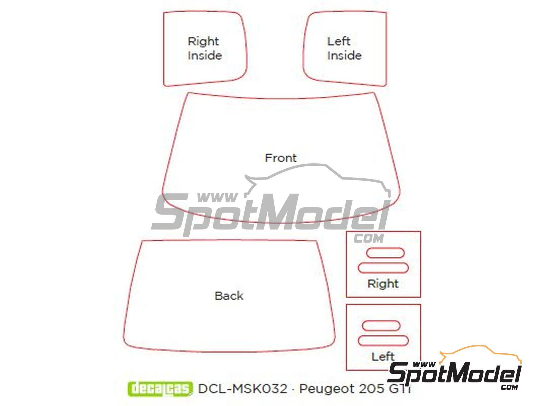 Image 1: Peugeot 205 GTI - Window frames masks | Window frame pre-cut paint masks in 1/24 scale manufactured by Decalcas (ref.&nbsp;DCL-MSK032)