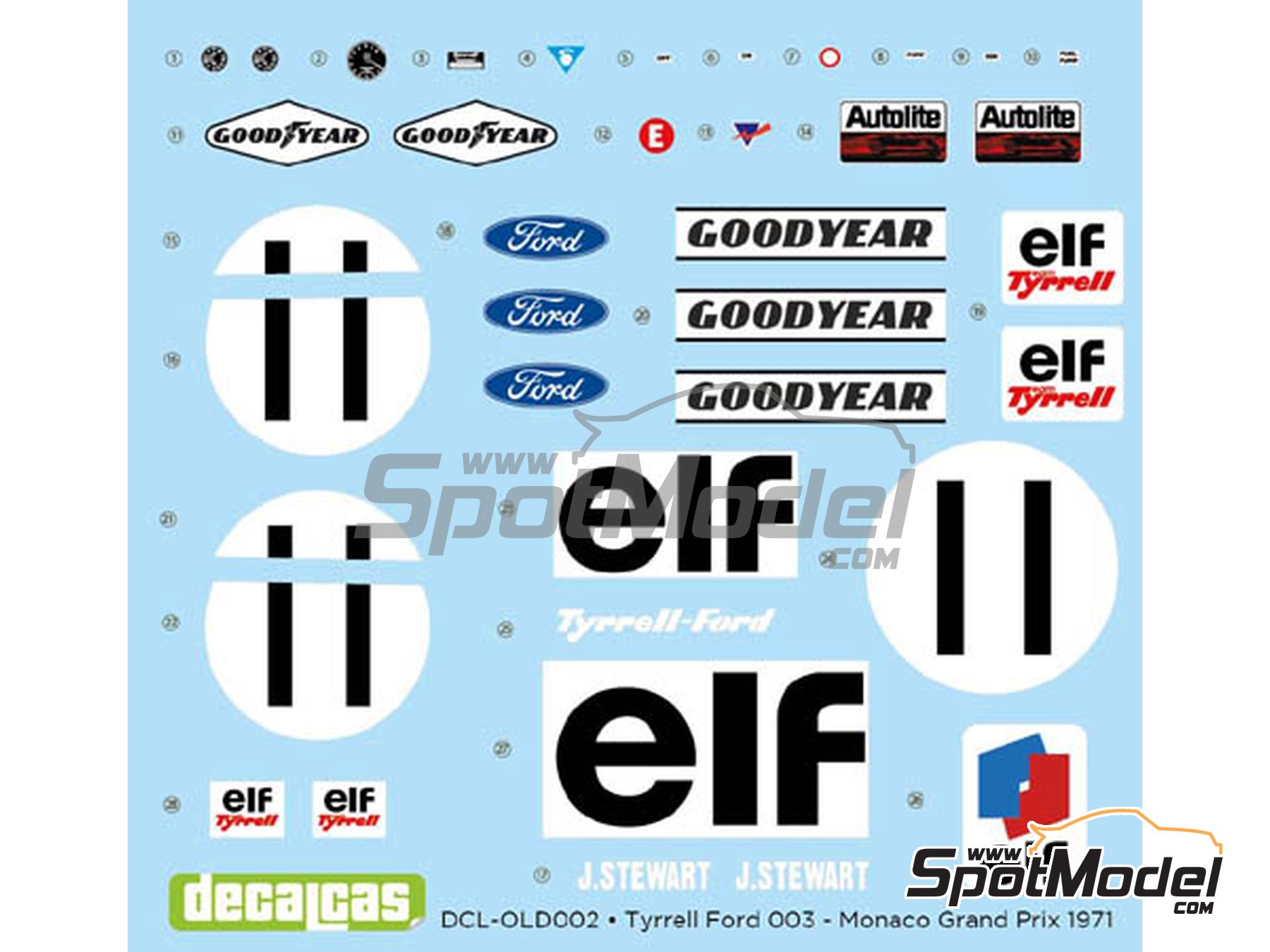 Image 5: Tyrrell Ford 003 Equipo Tyrrell Racing patrocinado por ELF - Gran Premio de Formula 1 de M&oacute;naco 1971 | Decoraci&oacute;n en escala&nbsp;1/12 fabricado por Decalcas (ref.&nbsp;DCL-OLD002)