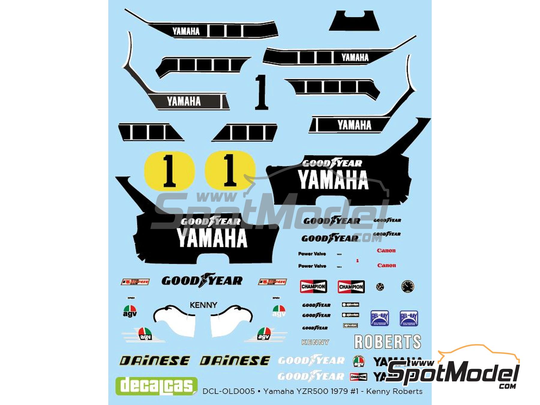 Image 1: Yamaha YZR500 patrocinado por Dainese - Campeonato del Mundo de Motociclismo 1979 | Decoraci&oacute;n en escala&nbsp;1/12 fabricado por Decalcas (ref.&nbsp;DCL-OLD005)