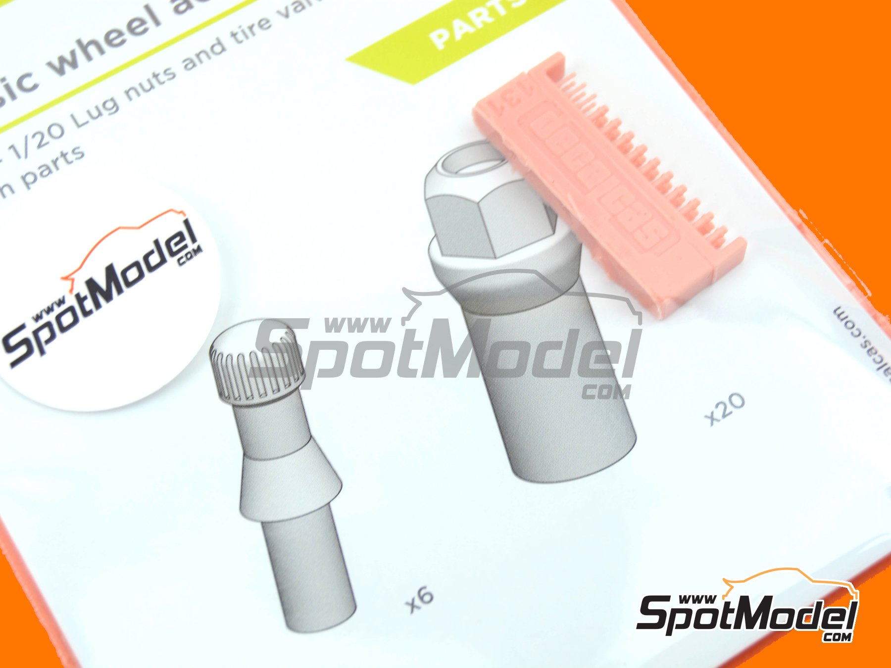 Image 8: Tuercas de llanta y v&aacute;lvulas de inflado para llantas cl&aacute;sicas | Set de mejora y detallado en escala&nbsp;1/24 fabricado por Decalcas (ref.&nbsp;DCL-PAR036)