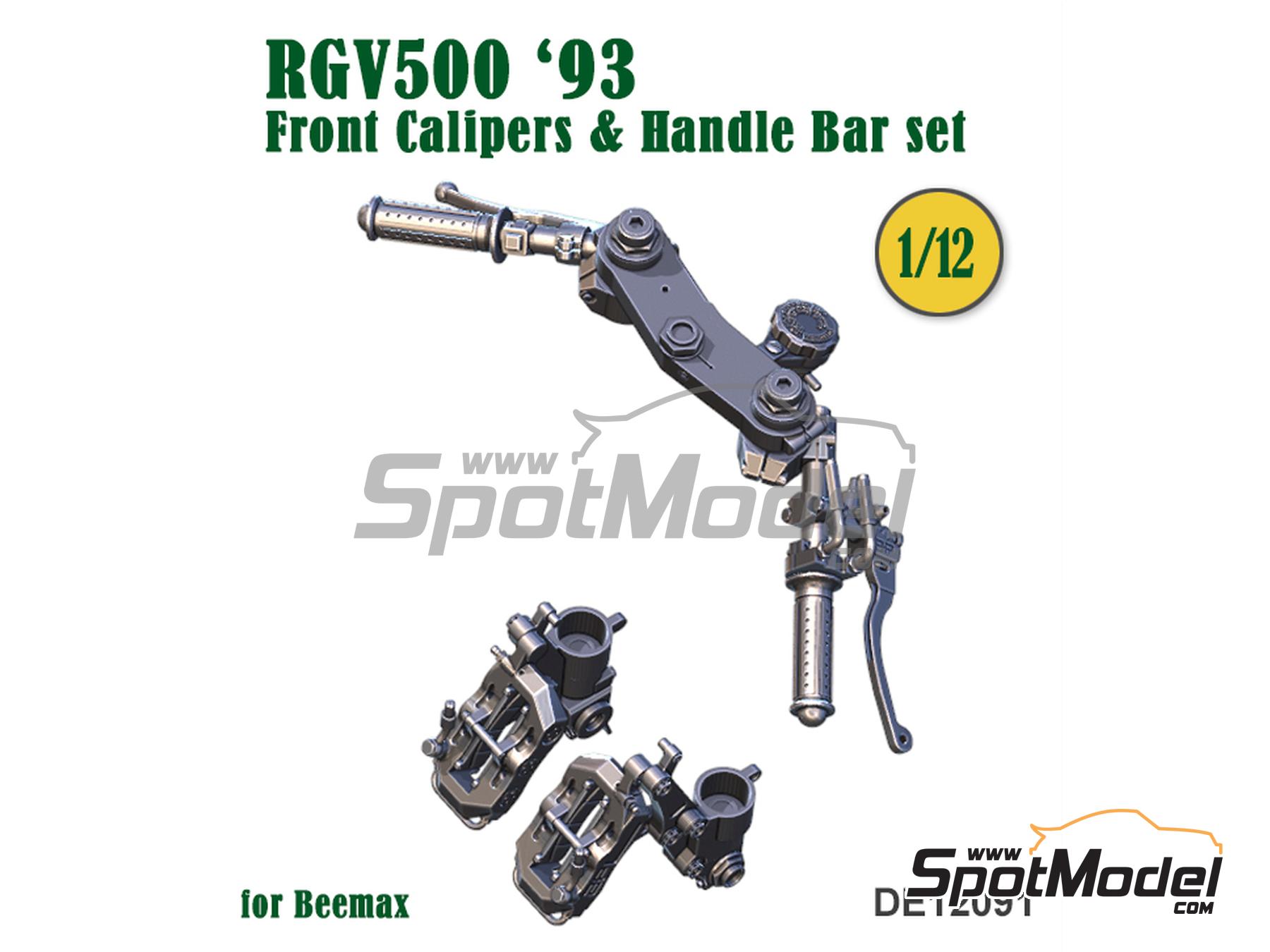 Image 1: Front brake calipers and Handle bar for Suzuki RGV500 1993 | Detail up set in 1/12 scale manufactured by Fat Frog Models (ref.&nbsp;DE12091, also 4897049120914)