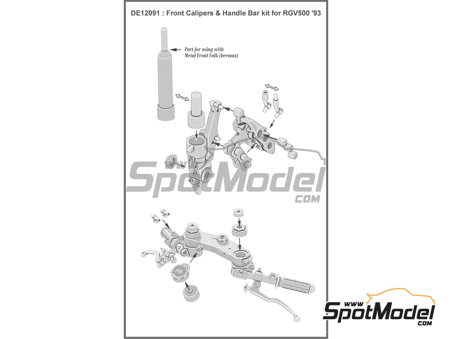Image 7: Front brake calipers and Handle bar for Suzuki RGV500 1993 | Detail up set in 1/12 scale manufactured by Fat Frog Models (ref.&nbsp;DE12091, also 4897049120914)