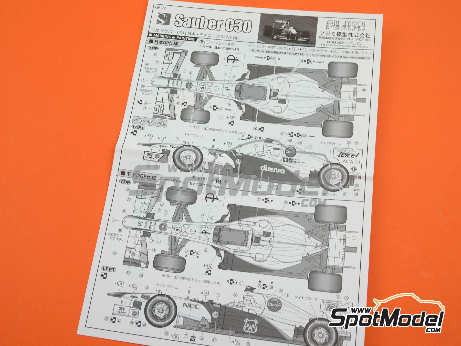 Fujimi 09208: Maqueta de coche escala 1/20 - Sauber C30 Equipo Sauber F1  patrocinado por NEC Disensa Nº 16, 17 - Kamui Kobayashi (JP), Sergio Perez  (MX) - Gran Premio de Fórmula