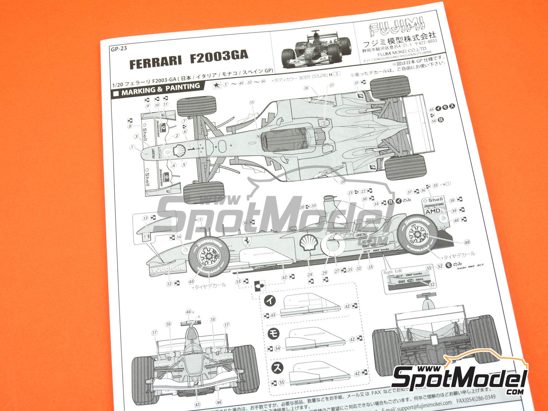 Image 14: Ferrari F2003-GA Scuderia Ferrari Team sponsored by Shell Vodafone - Spanish Formula 1 Grand Prix, Italian Formula 1 Grand Prix, Japanese Formula 1 Grand Prix, Monaco Formula 1 Grand Prix 2003 | Car scale model kit in 1/20 scale manufactured by Fujimi (ref.&nbsp;FJ092096, also 4968728092096 and 092096)