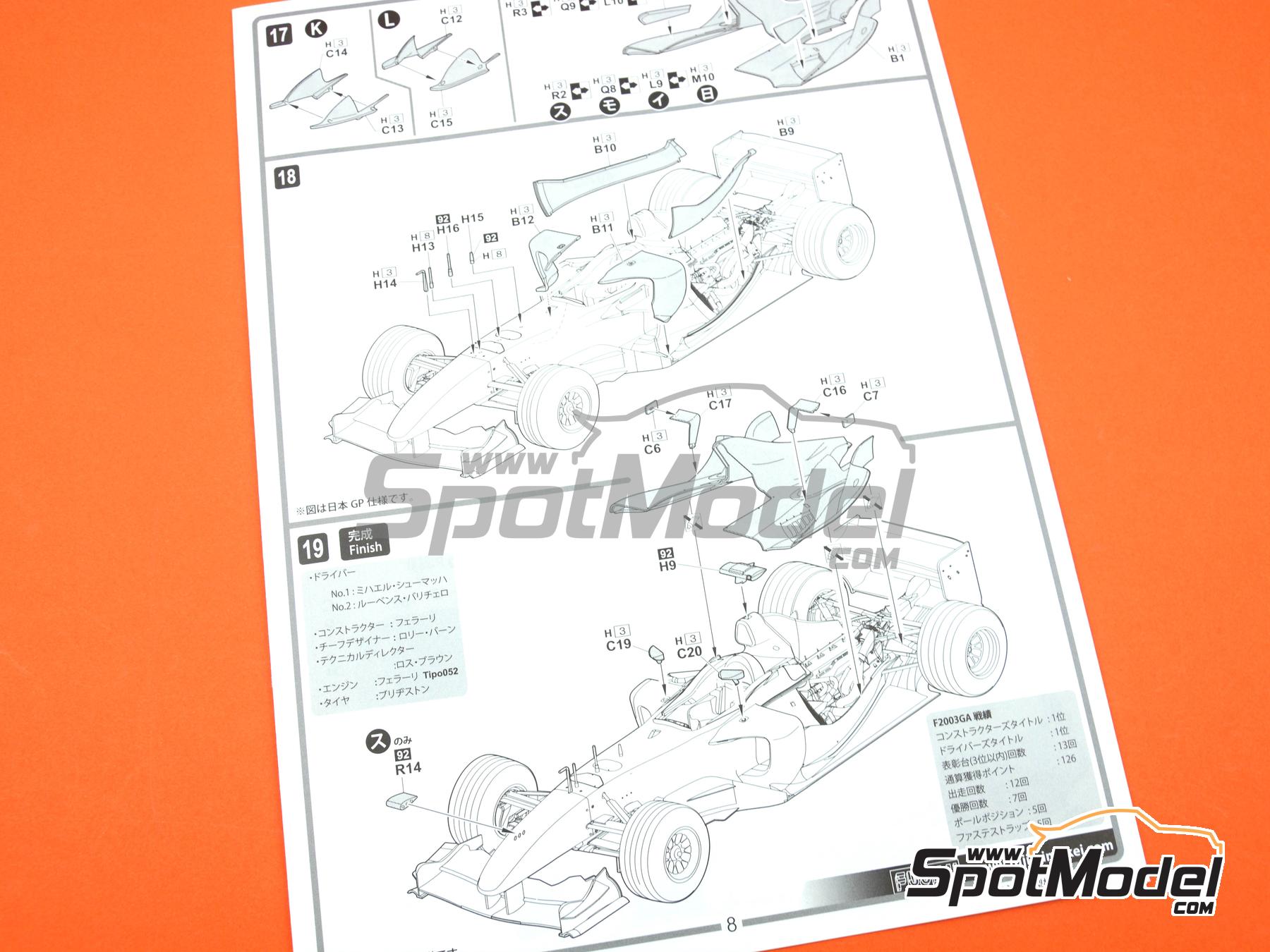 Image 17: Ferrari F2003-GA Scuderia Ferrari Team sponsored by Shell Vodafone - Spanish Formula 1 Grand Prix, Italian Formula 1 Grand Prix, Japanese Formula 1 Grand Prix, Monaco Formula 1 Grand Prix 2003 | Car scale model kit in 1/20 scale manufactured by Fujimi (ref.&nbsp;FJ092096, also 4968728092096 and 092096)