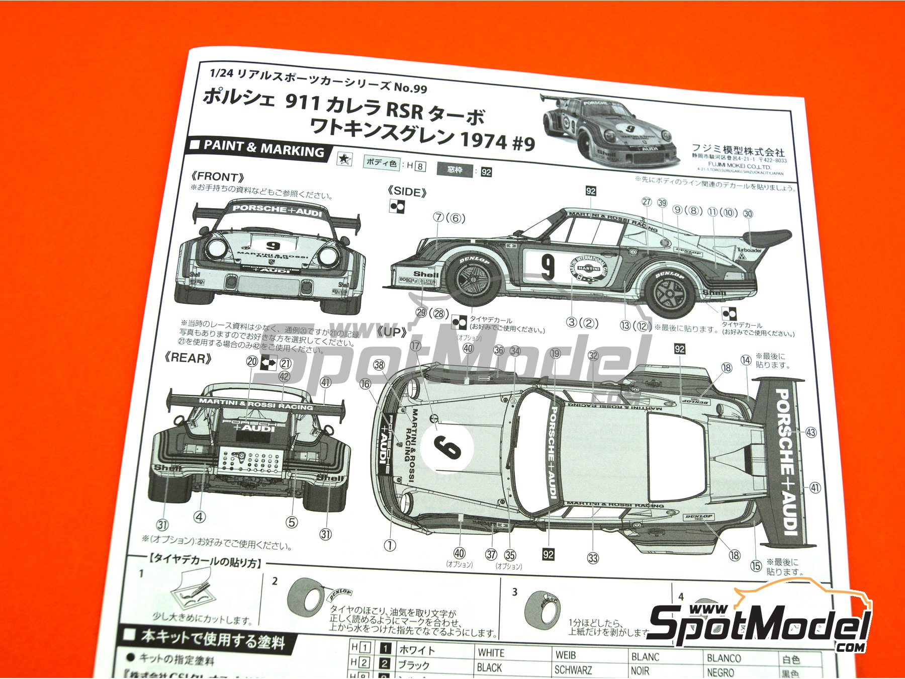 Image 14: Porsche 911 Carrera RSR Turbo Martini Rossi Porsche Audi - Watkins Glen 6 Hours 1974 | Model car kit in 1/24 scale manufactured by Fujimi (ref.&nbsp;FJ126494, also 126494 and RS-99)