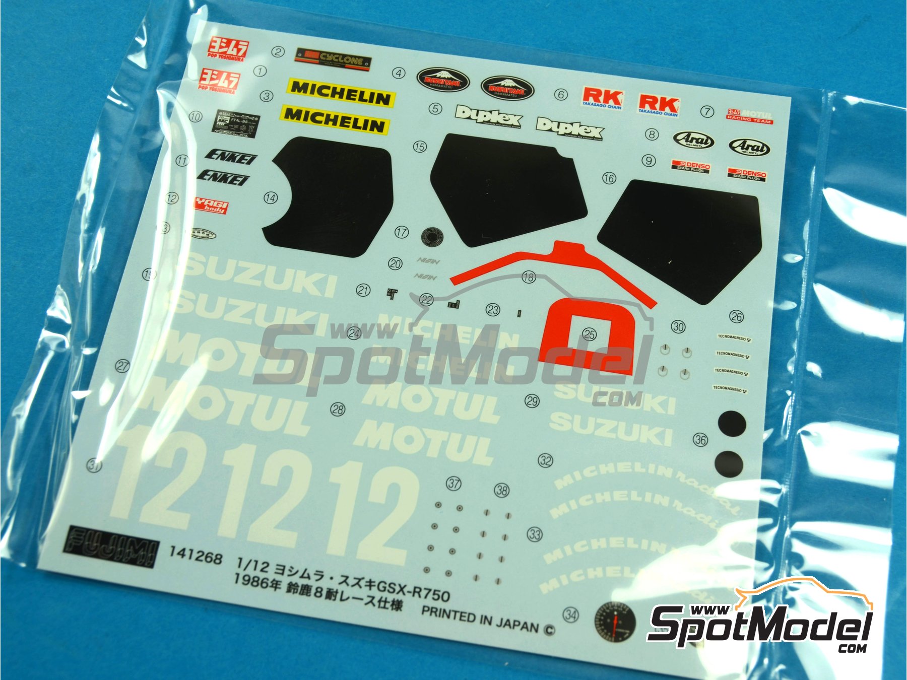 Image 10: Yoshimura Suzuki GSX-R750 sponsored by Motul - 8 Hours Suzuka Endurance Race 1986 | Motorbike scale model kit in 1/12 scale manufactured by Fujimi (ref.&nbsp;FJ141268, also 4968728141268, 141268 and 14126)