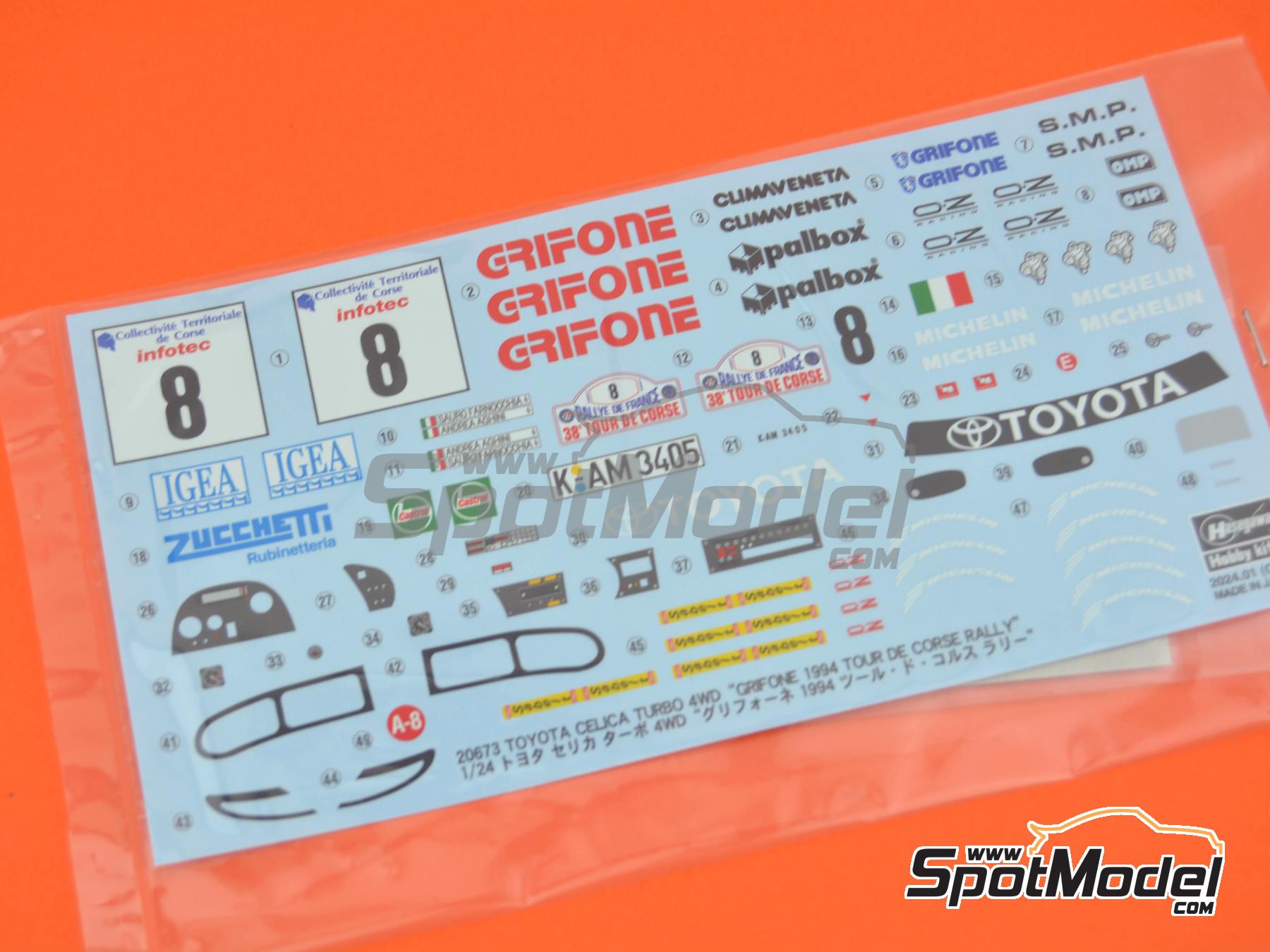 Image 8: Toyota Celica Turbo 4WD Grifone Team sponsored by Zucchetti - Tour de Corse Rallye de France 1994 | Car scale model kit in 1/24 scale manufactured by Hasegawa (ref.&nbsp;20673, also 4967834206731)