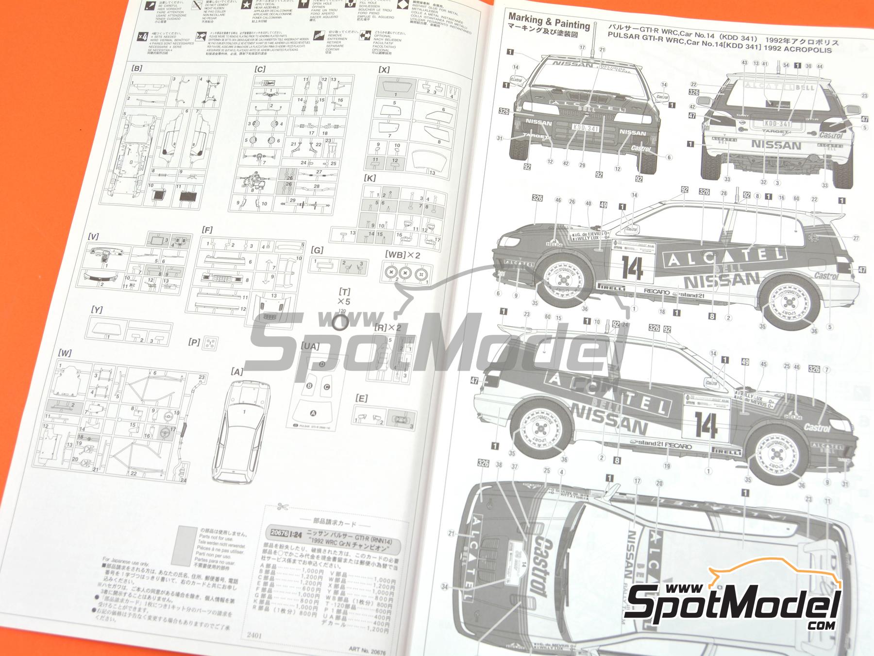 Image 11: Nissan Sunny - Pulsar GTI-R RNN14 Group N Nissan Belgium Rally Team sponsored by Alcatel - Acropolis Rally 1992 | Car scale model kit in 1/24 scale manufactured by Hasegawa (ref.&nbsp;20676, also 4967834206762)