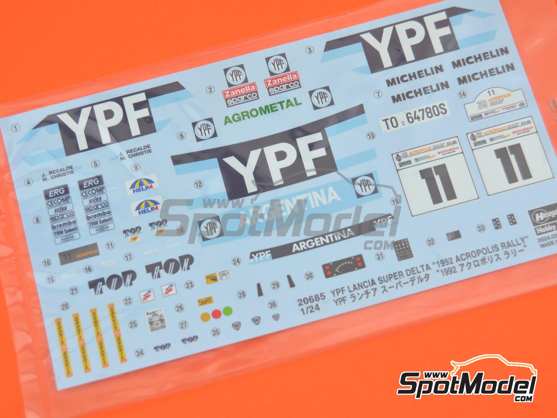 Image 8: Lancia Super Delta HF Integrale sponsored by YPF - Acropolis Rally 1992 | Car scale model kit in 1/24 scale manufactured by Hasegawa (ref. 20685, also 4967834206854)