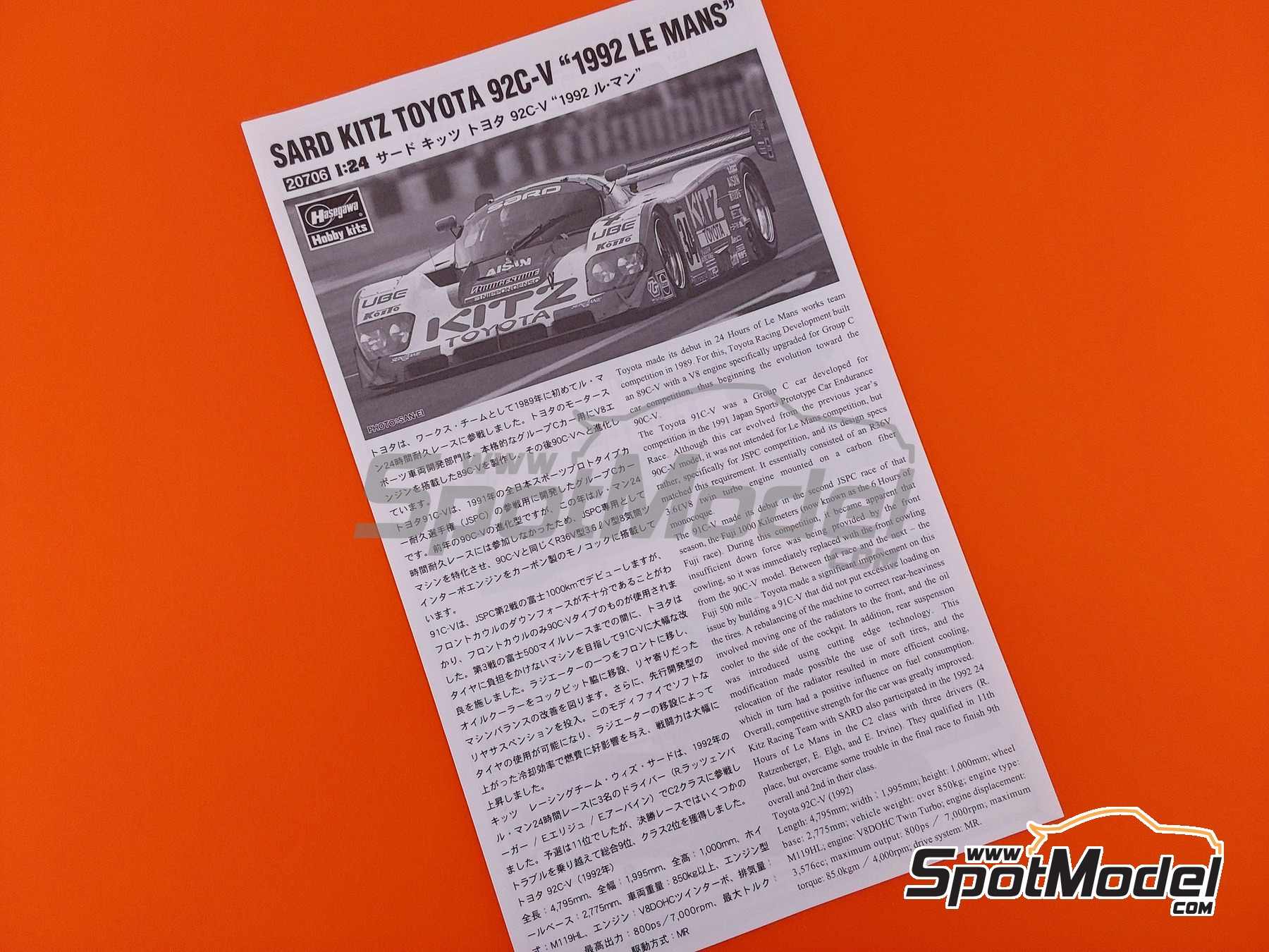 Image 8: Toyota 92C-V Toyota Sard Team sponsored by Kitz - 24 Hours Le Mans 1992 | Car scale model kit in 1/24 scale manufactured by Hasegawa (ref.&nbsp;20706, also 4967834207066)