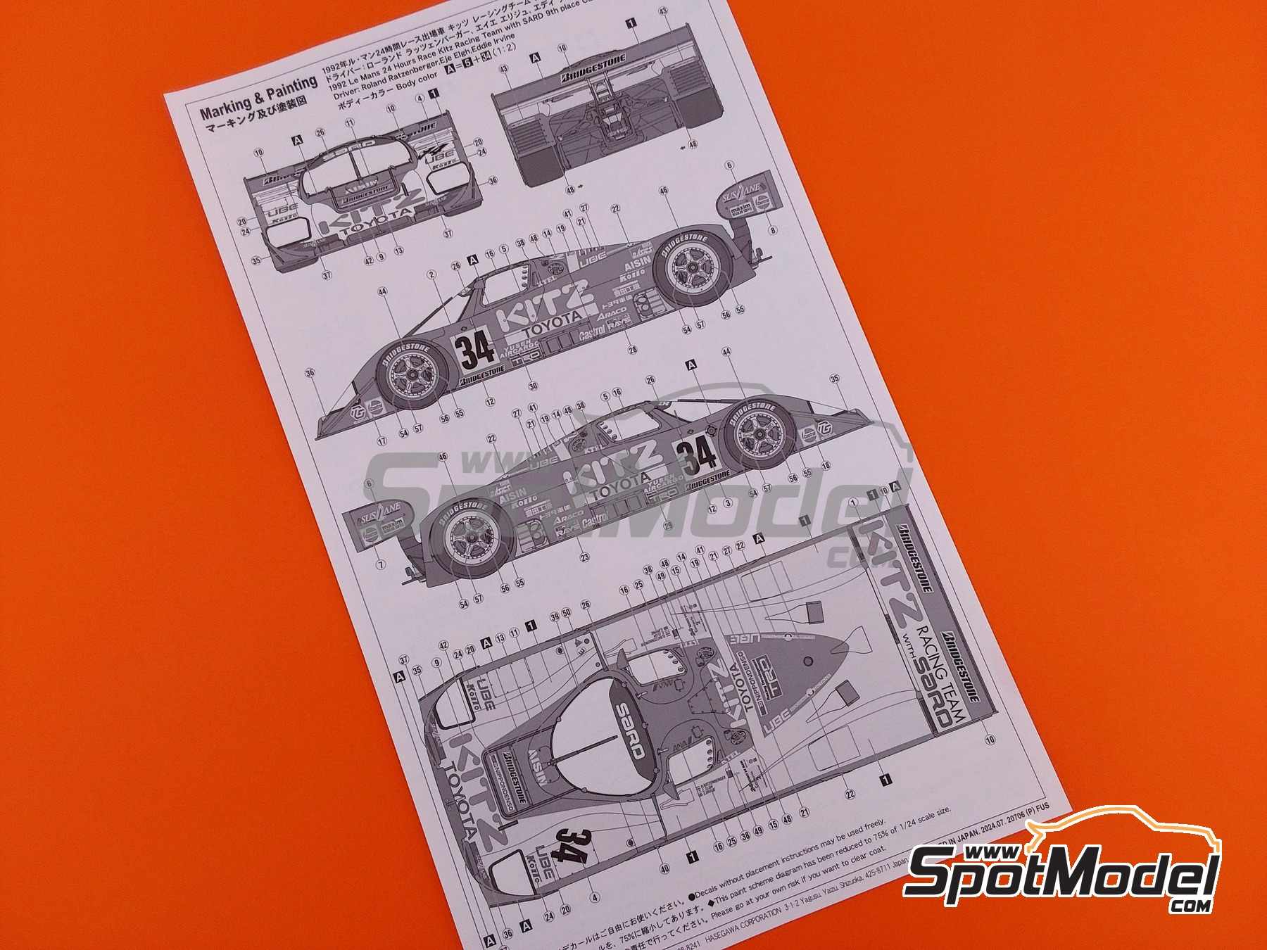 Image 13: Toyota 92C-V Toyota Sard Team sponsored by Kitz - 24 Hours Le Mans 1992 | Car scale model kit in 1/24 scale manufactured by Hasegawa (ref.&nbsp;20706, also 4967834207066)
