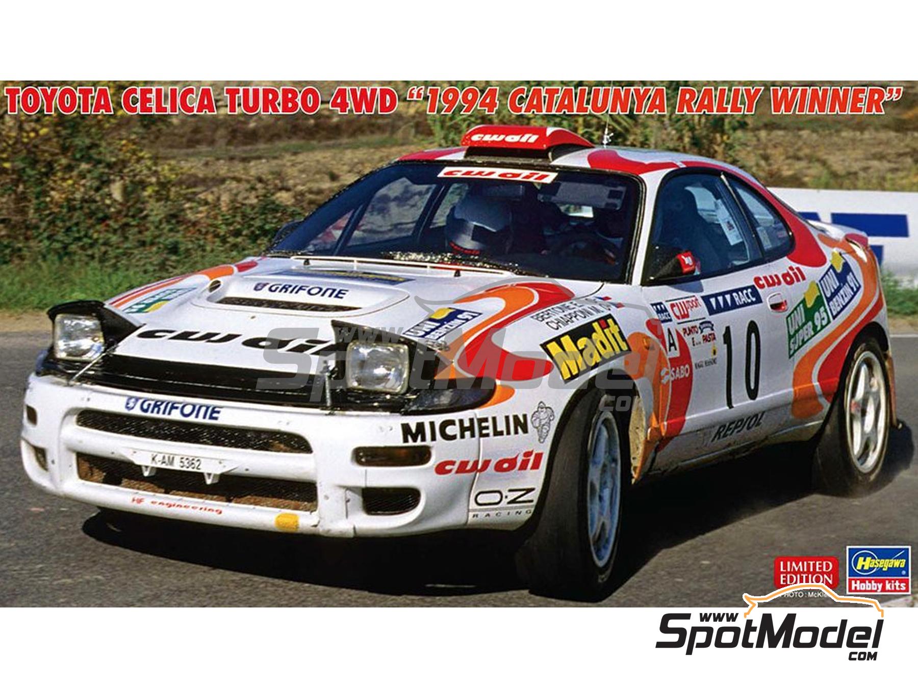 Image 1: Toyota Celica Turbo 4WD Grifone Team sponsored by CW Oil - Catalunya Costa Brava Rally - Rally of Spain 1994 | Car scale model kit in 1/24 scale manufactured by Hasegawa (ref.&nbsp;20807, also 4967834208070)