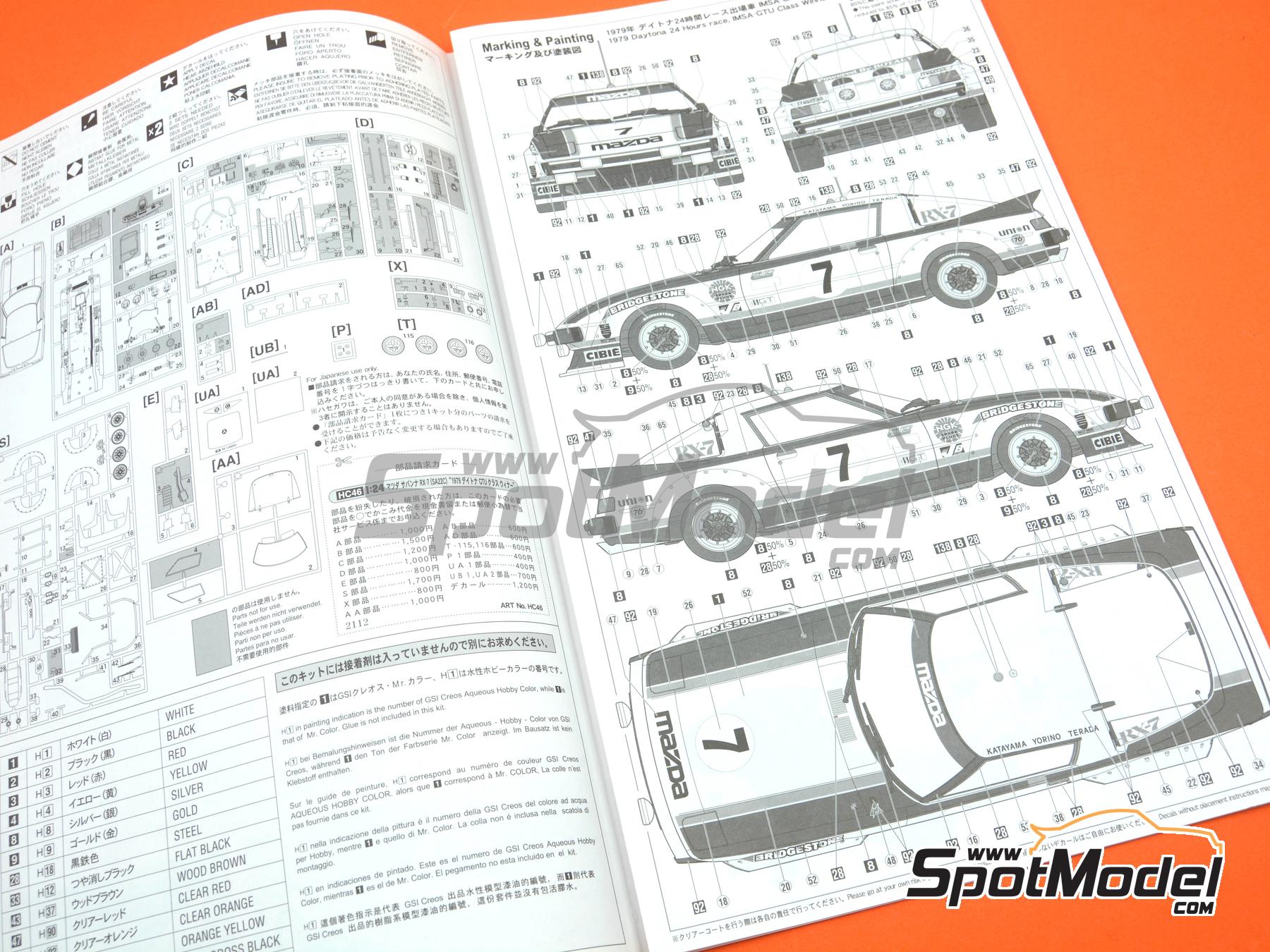 Image 15: Mazda Savanna RX-7 SA22C Mazda Technical Center Team - 24 Hours of Daytona 1979 | Car scale model kit in 1/24 scale manufactured by Hasegawa (ref.&nbsp;21146, also 4967834211469 and HC46)