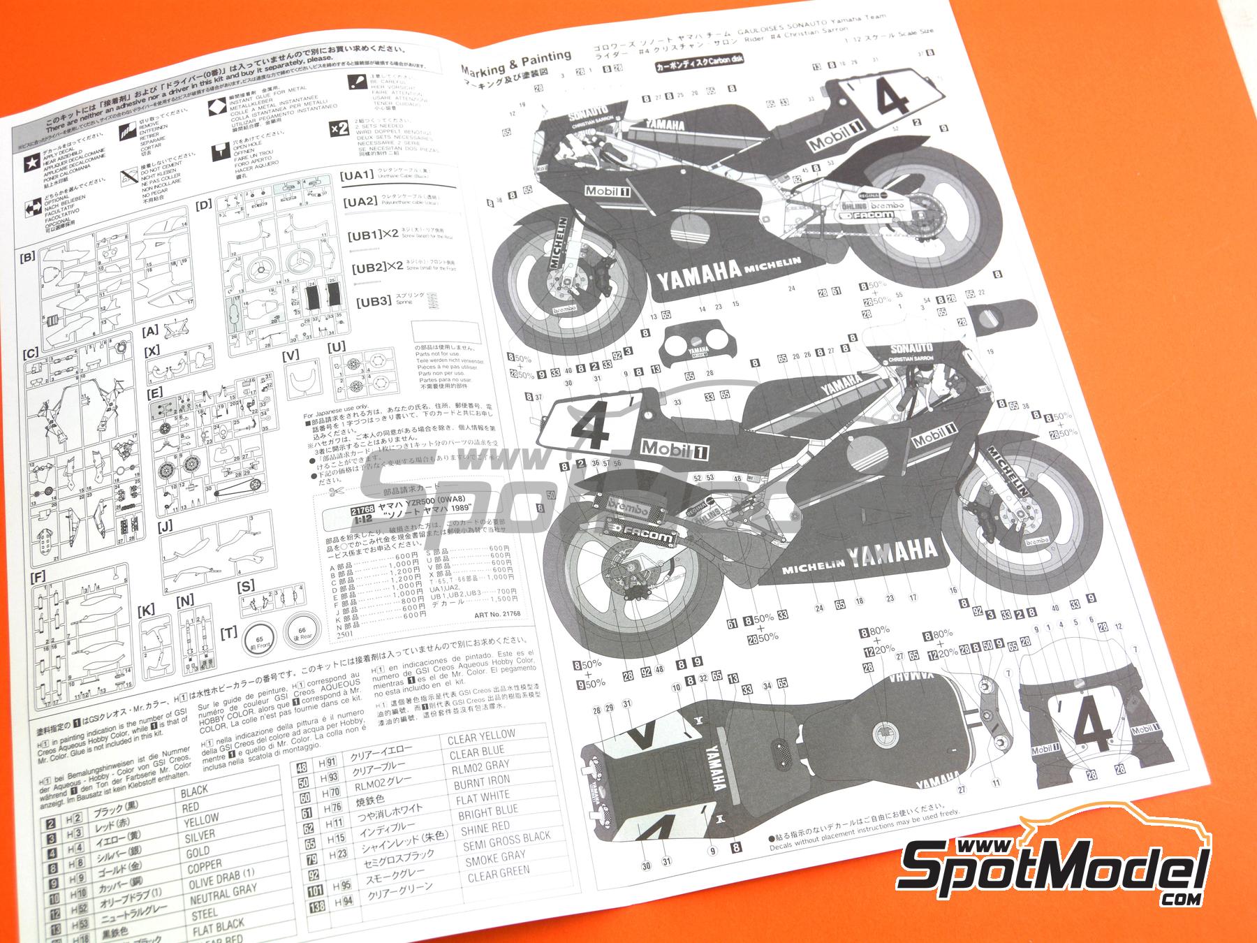 Image 11: Yamaha YZR500 0WA8 Sonauto Team - Motorcycle World Championship 1989 | Motorbike scale model kit in 1/12 scale manufactured by Hasegawa (ref.&nbsp;21768, also 4967834217683)