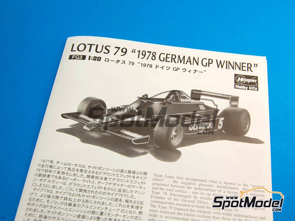 Image 2: Lotus Ford Type 79 John Player Lotus Team sponsored by Olympus - German Formula 1 Grand Prix 1978 | Car scale model kit in 1/20 scale manufactured by Hasegawa (ref.&nbsp;23203, also 4967834232037)