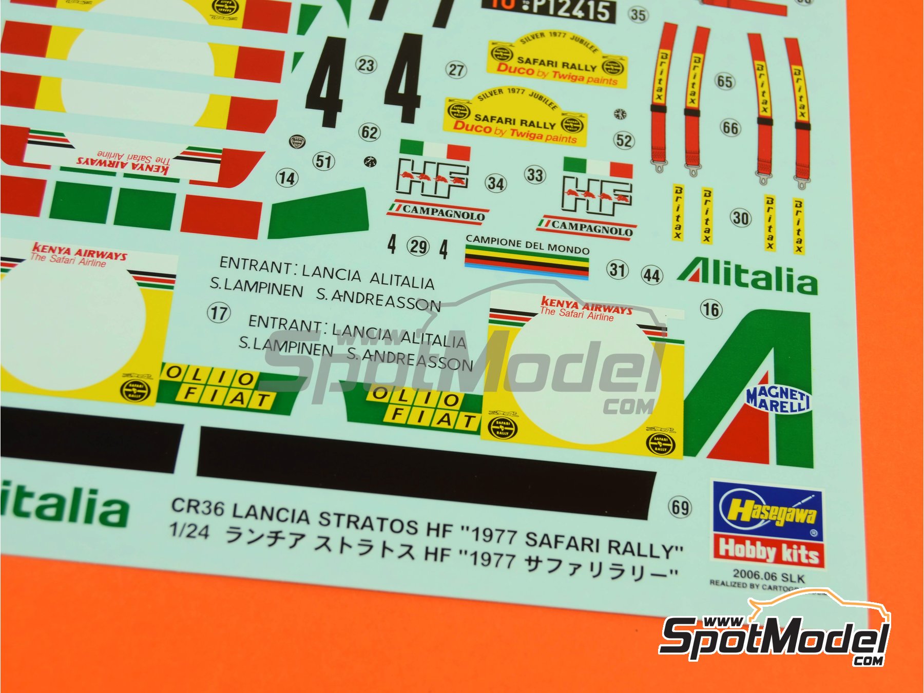 Image 13: Lancia Stratos HF sponsored by Alitalia - Safari Rally 1977 | Car scale model kit in 1/24 scale manufactured by Hasegawa (ref.&nbsp;25036, also 4967834252363 and CR-36)