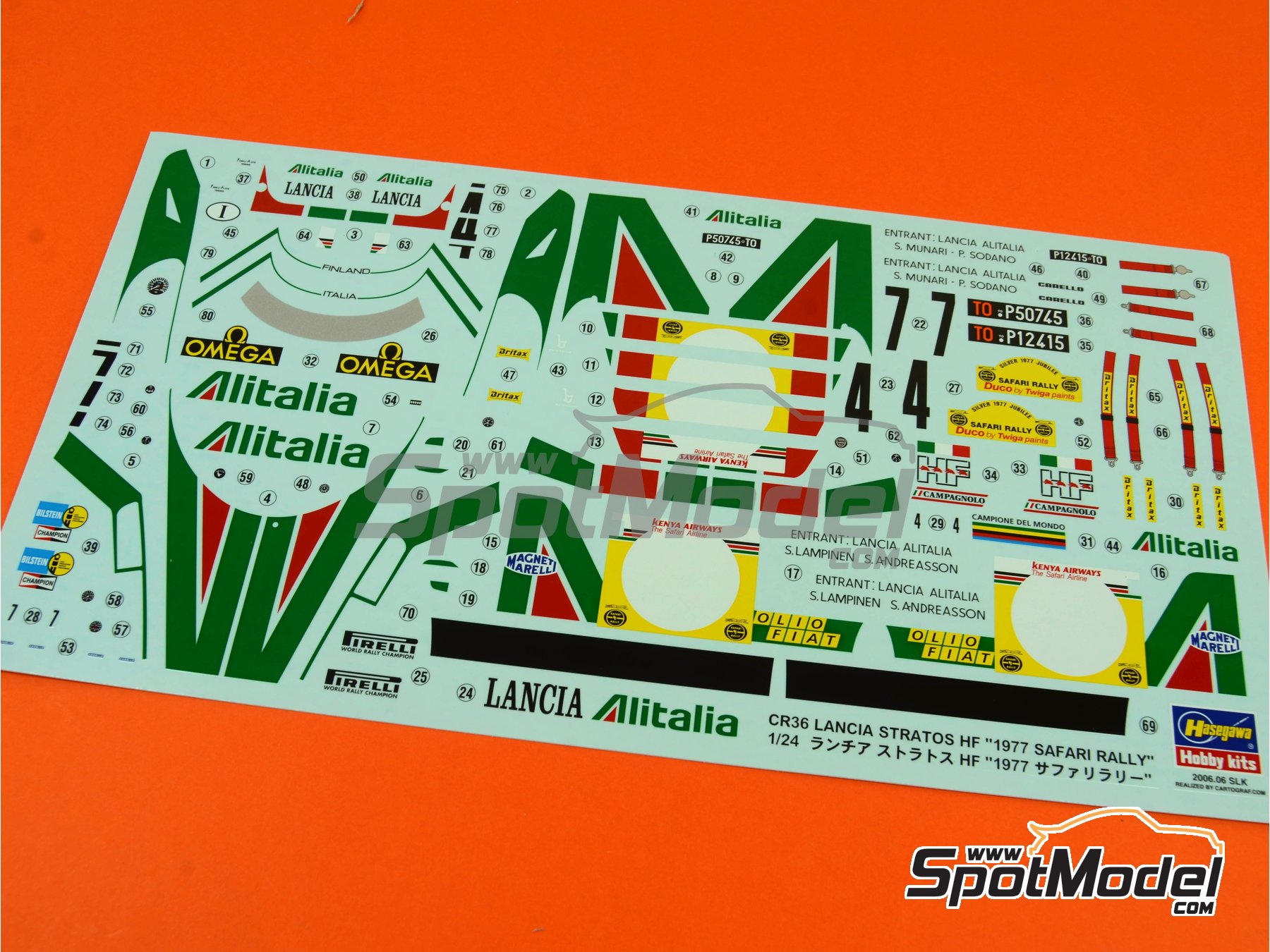 Image 14: Lancia Stratos HF sponsored by Alitalia - Safari Rally 1977 | Car scale model kit in 1/24 scale manufactured by Hasegawa (ref.&nbsp;25036, also 4967834252363 and CR-36)