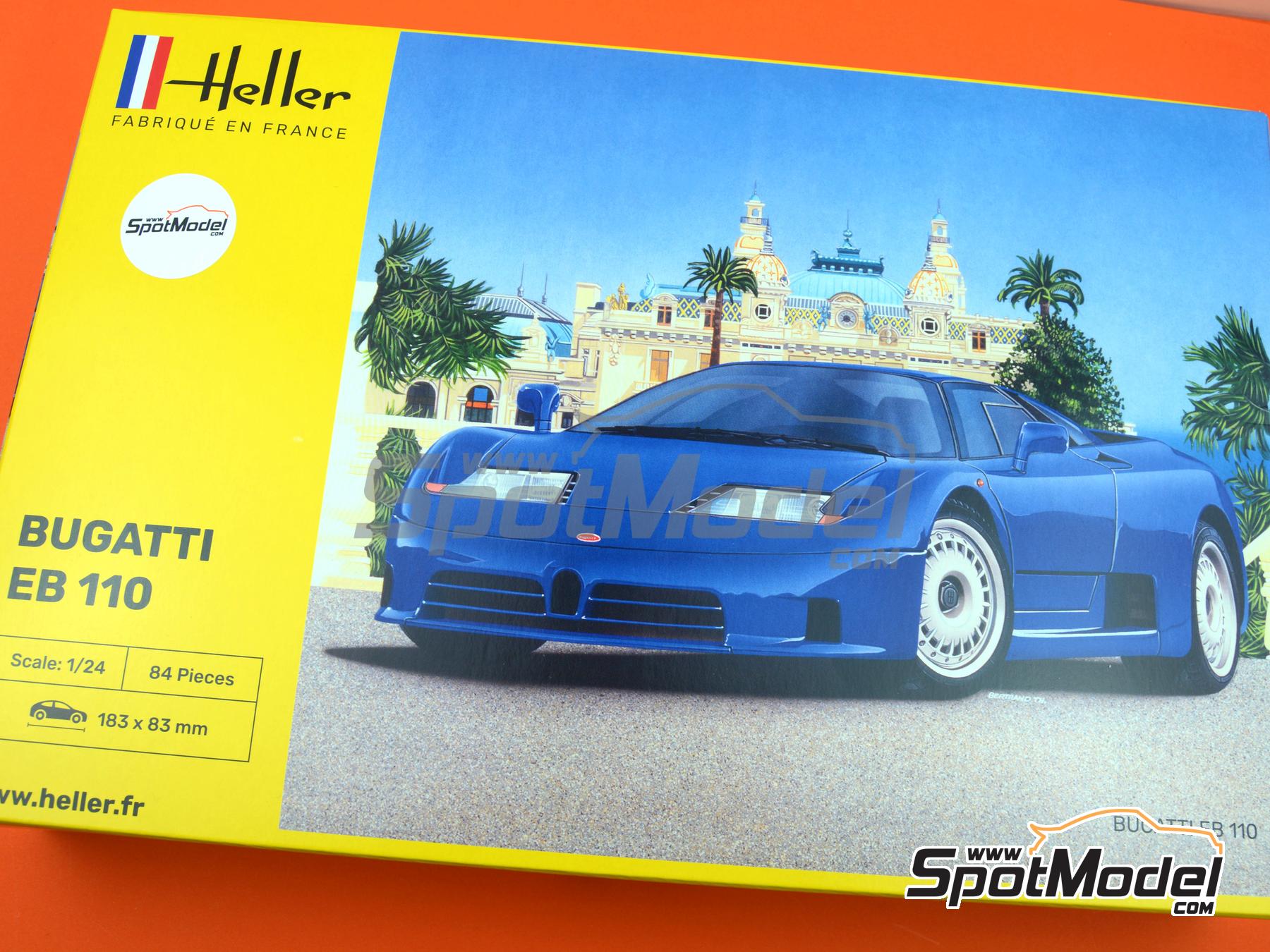 Bugatti EB110. Car scale model kit in 1/24 scale manufactured by Heller  (ref. 80738, also 3279510807387)