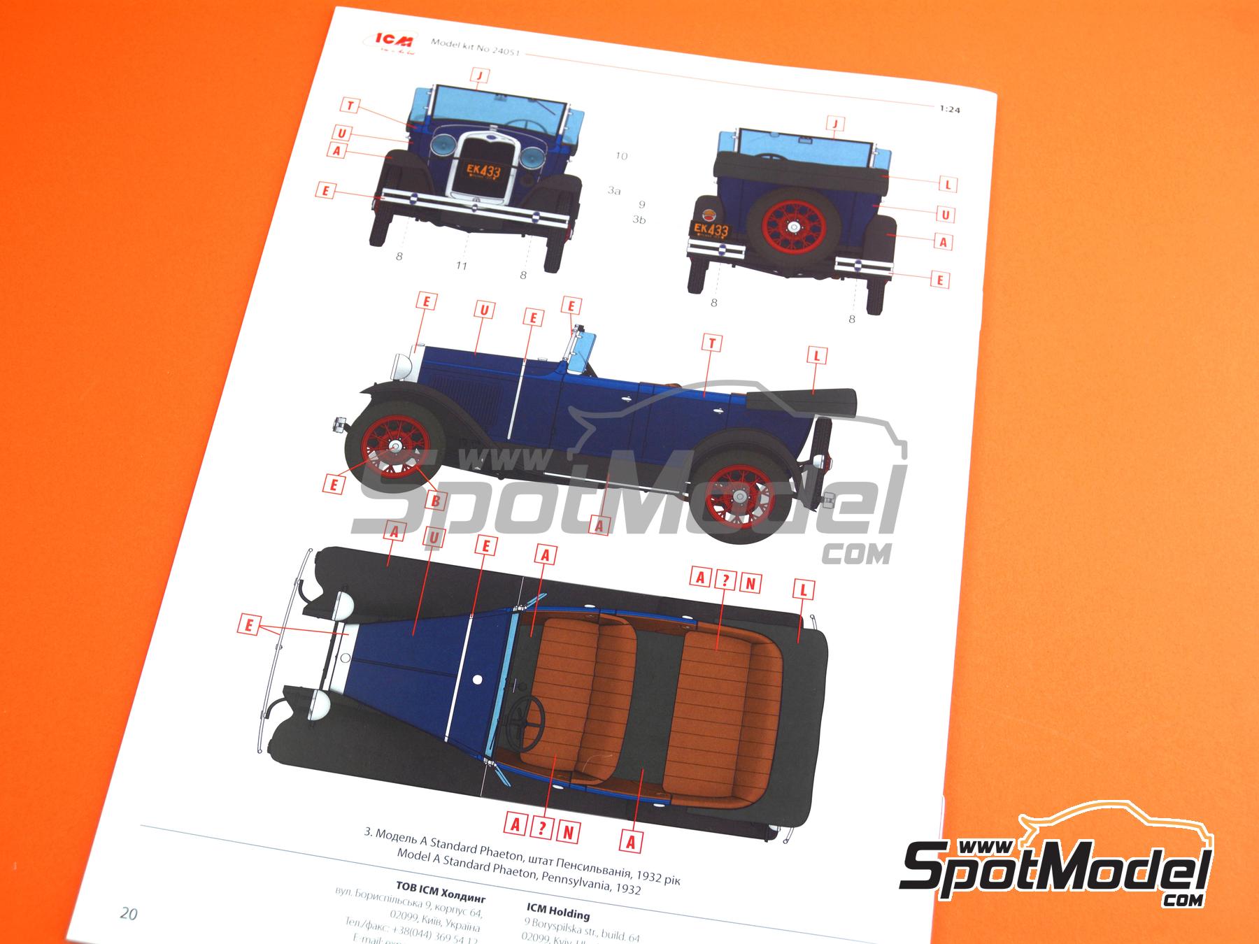 Image 13: Ford Model A Standard Phaeton -  1930 | Maqueta de coche en escala 1/24 fabricado por ICM (ref. ICM24051, tambien 4823044410798 y 24051)
