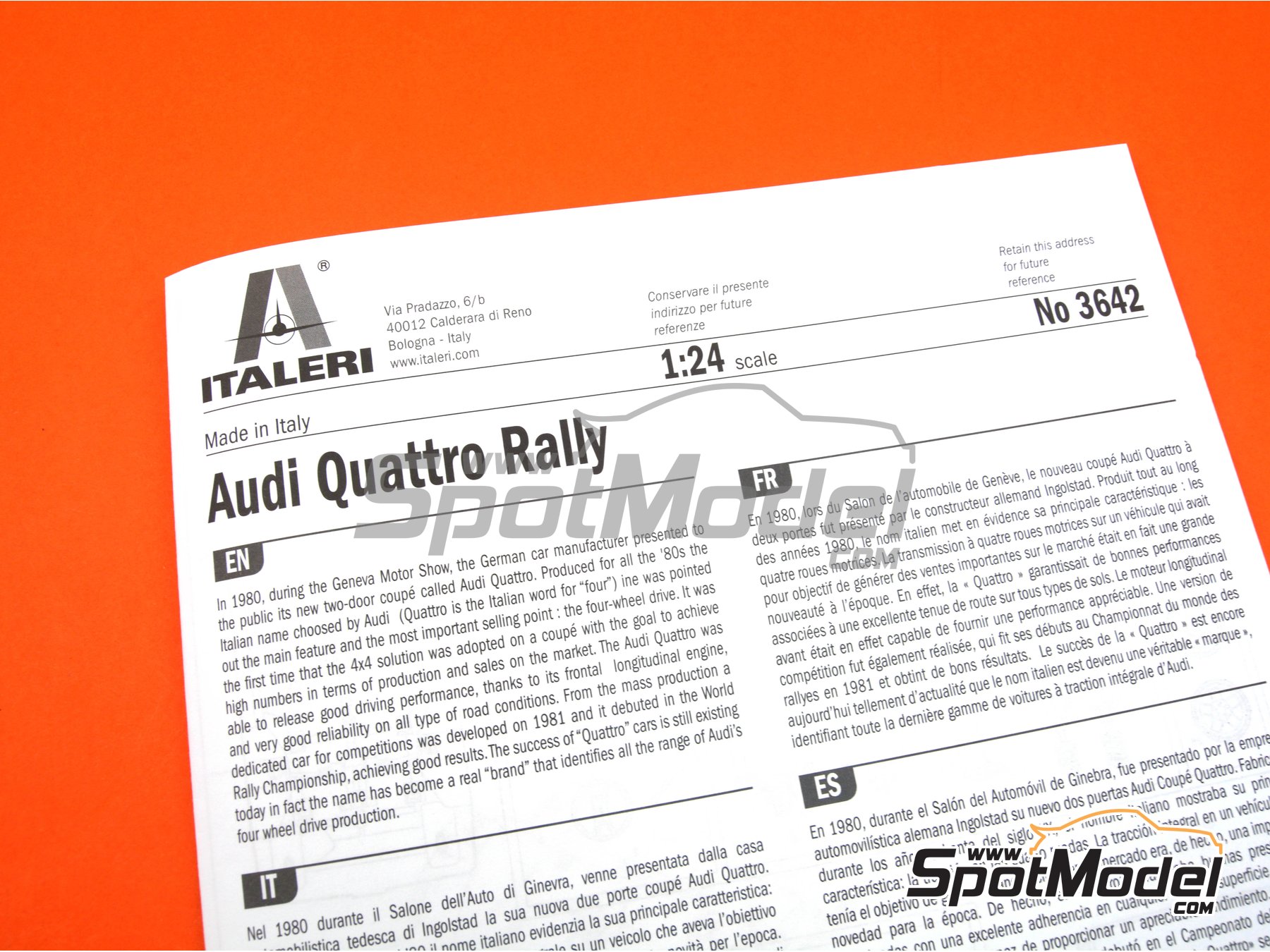 Image 8: Audi Quattro Rally Equipo Audi Sport - Rally de Monte Carlo - Rallye Automobile de Monte-Carlo 1981 | Maqueta de coche en escala&nbsp;1/24 fabricado por Italeri (ref.&nbsp;3642, tambien 8001283036429, IT3642 y 03642)