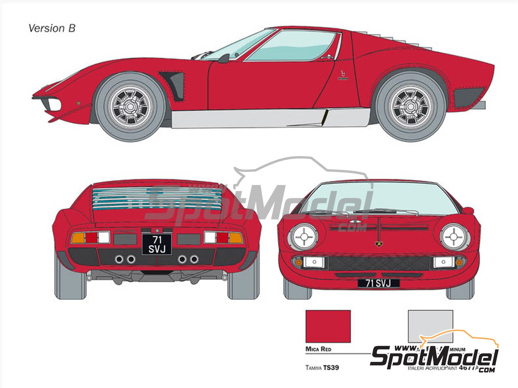 Image 6: Lamborghini Miura Jota SVJ -  1970 | Car scale model kit in 1/24 scale manufactured by Italeri (ref.&nbsp;3649, also 8001283036498)