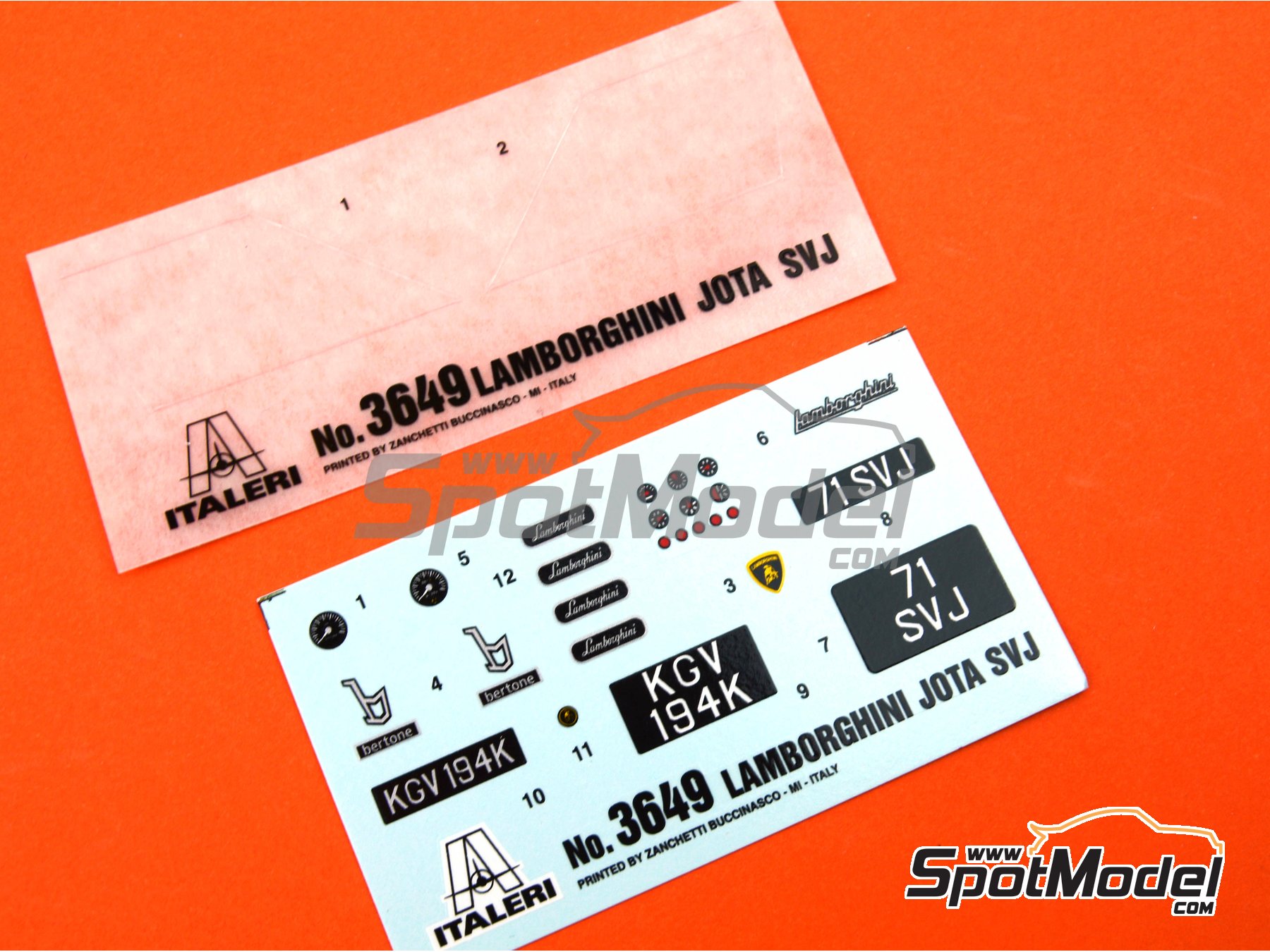Image 15: Lamborghini Miura Jota SVJ -  1970 | Car scale model kit in 1/24 scale manufactured by Italeri (ref.&nbsp;3649, also 8001283036498)