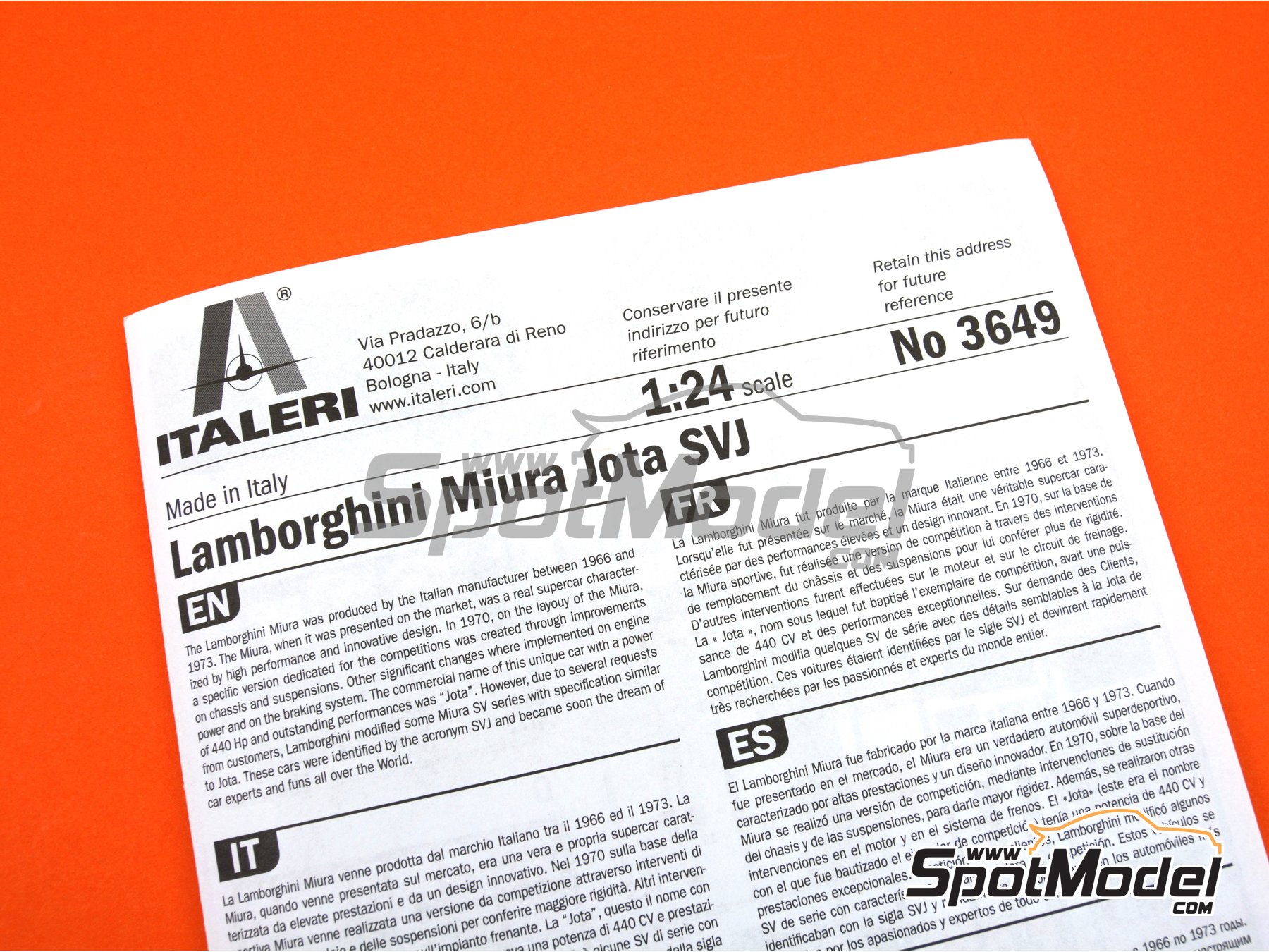 Image 16: Lamborghini Miura Jota SVJ -  1970 | Car scale model kit in 1/24 scale manufactured by Italeri (ref.&nbsp;3649, also 8001283036498)