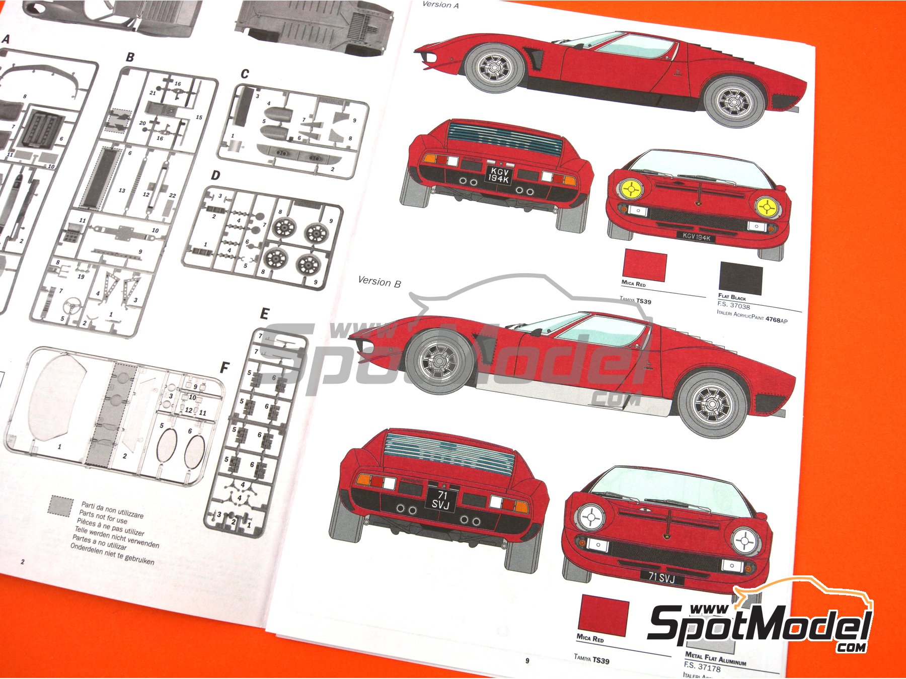 Image 19: Lamborghini Miura Jota SVJ -  1970 | Car scale model kit in 1/24 scale manufactured by Italeri (ref.&nbsp;3649, also 8001283036498)