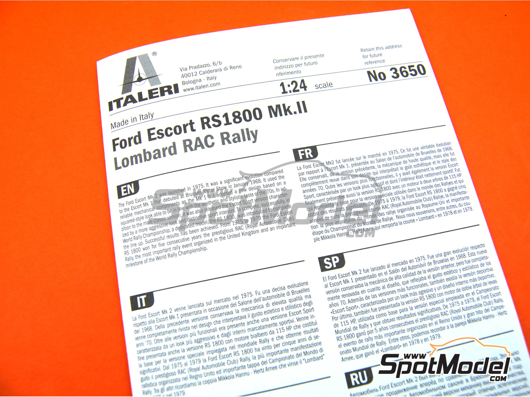 Image 3: Ford Escort Mk. II RS1800 sponsored by Rothmans - Lombard RAC Rally 1981 | Car scale model kit in 1/24 scale manufactured by Italeri (ref. 3650, also 8001283036504, IT3650 and ITA3650)